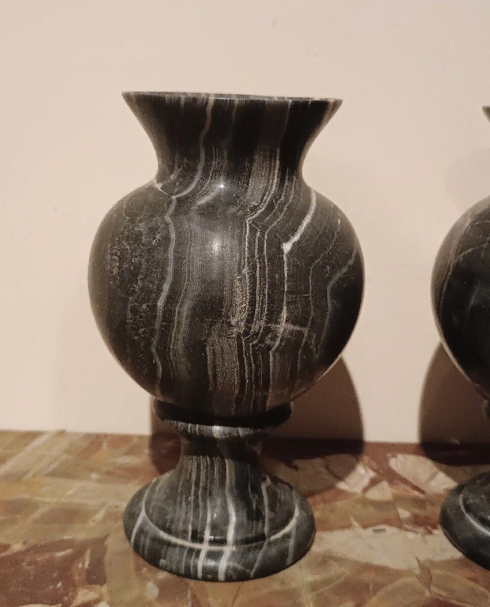 Pair Of Black Serpentine Marble Urns, Early 20th Century, Empire Style photo for sale