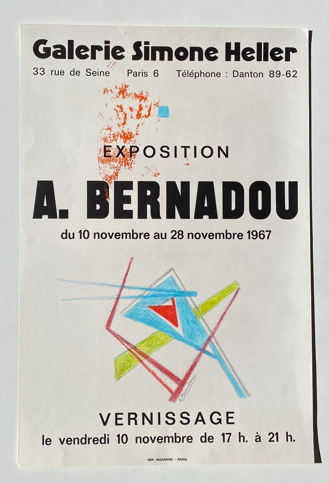 André Bernadou Signed Poster Enriched With Original Pastel 1967 Art