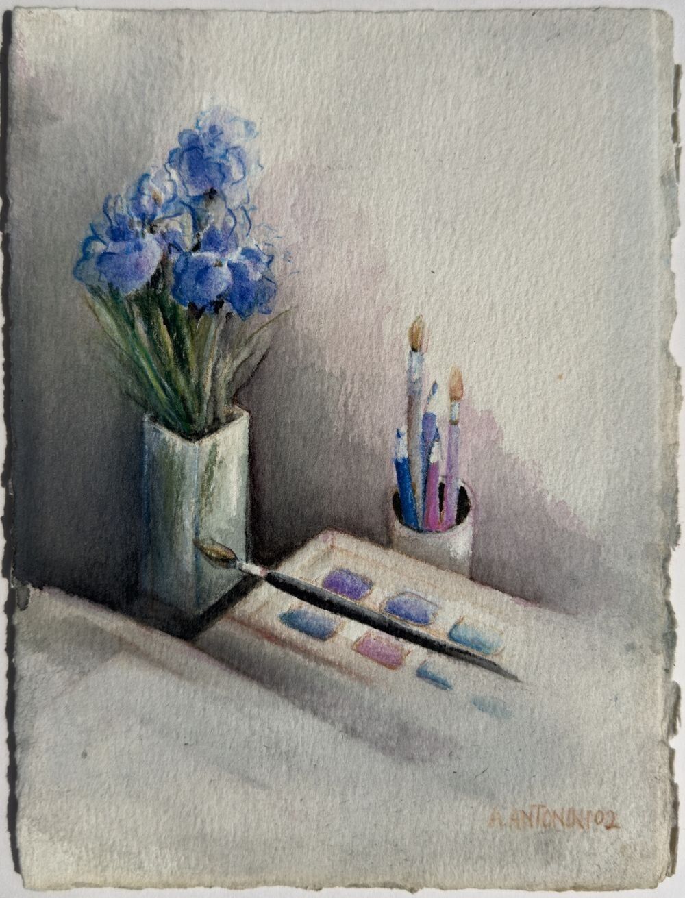 Annapia Antonini Watercolor Drawing Signed 2002 May Iris Flowers