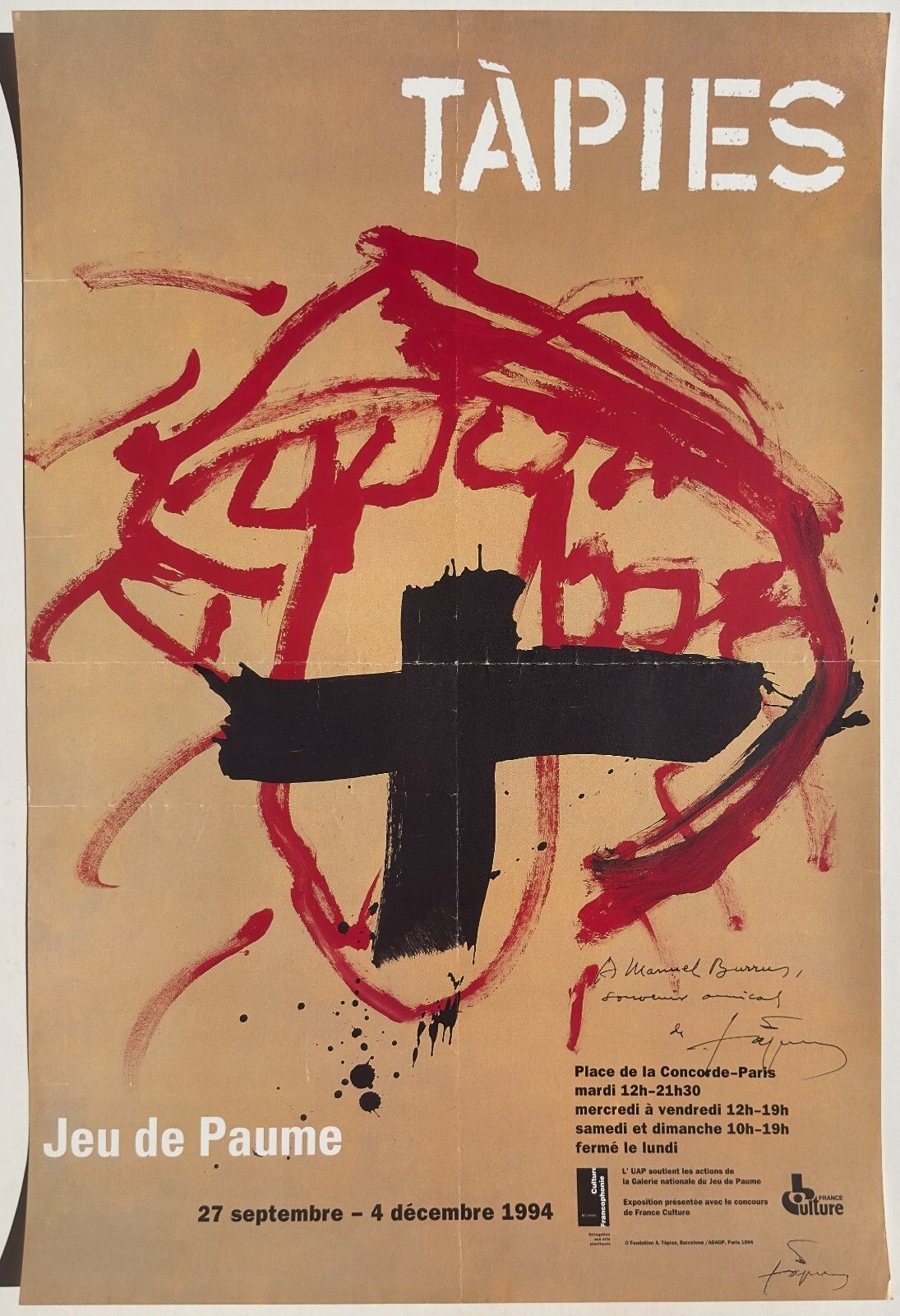 Antoni Tapies Signed Poster Poster Poster Signed Expo Jeu De Paume Paris 1994