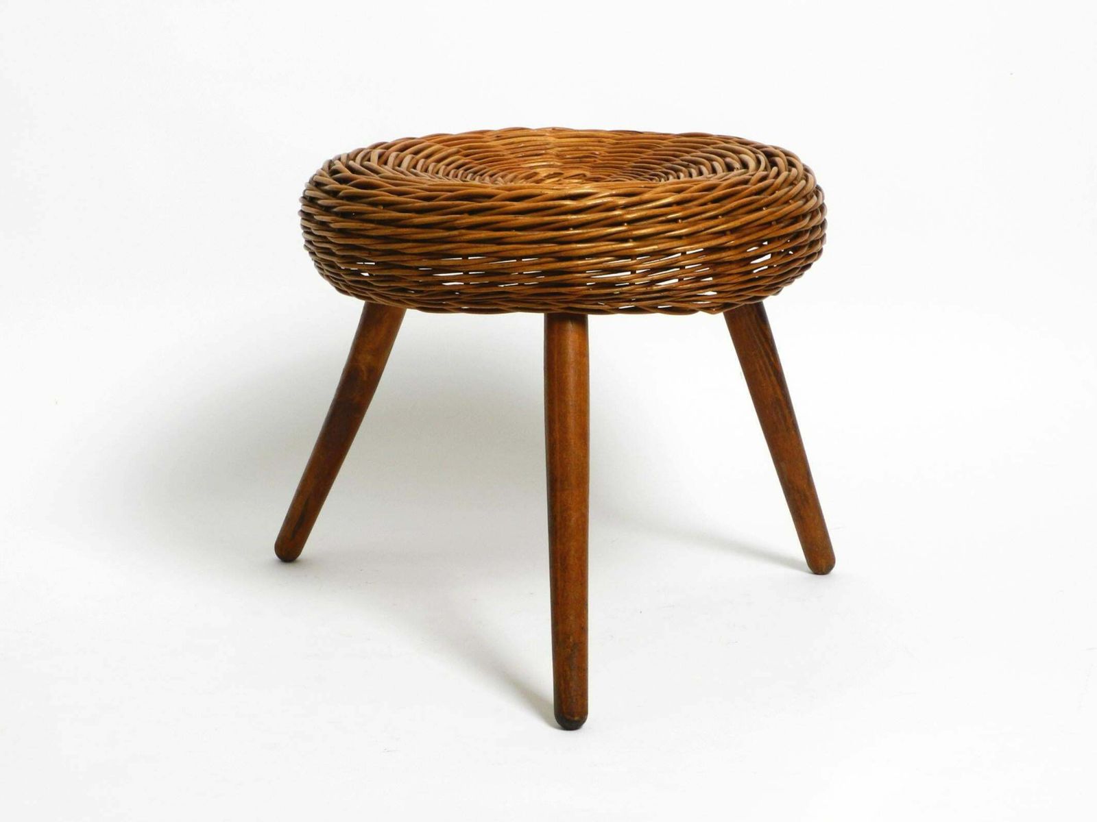 Original Large Mid Century Modern Rattan Stool With Wooden Legs By Tony Paul photo furniture