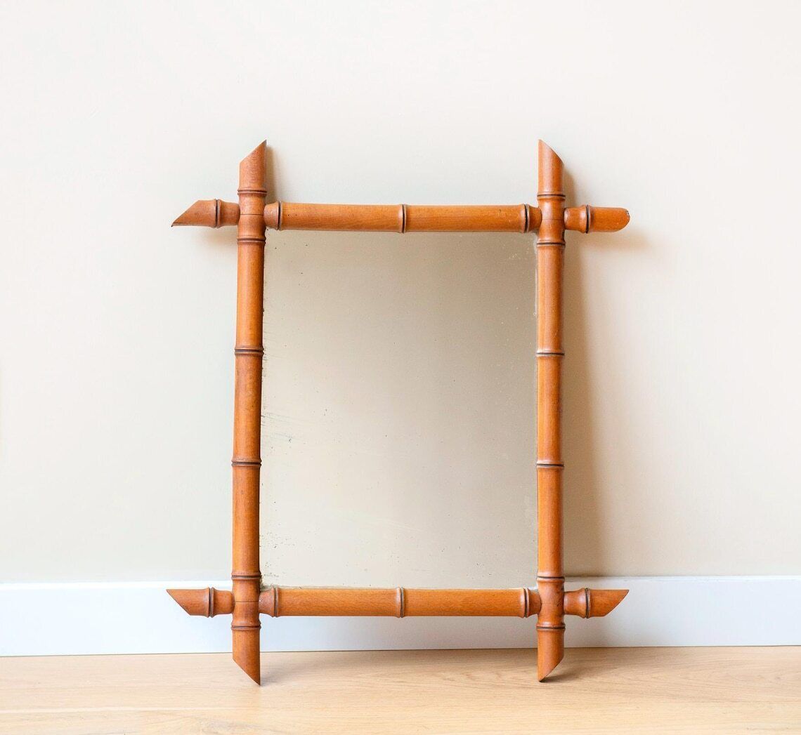 Antique French Faux Bamboo Wall Mirror  Hand Carved Wooden Frame photo furniture