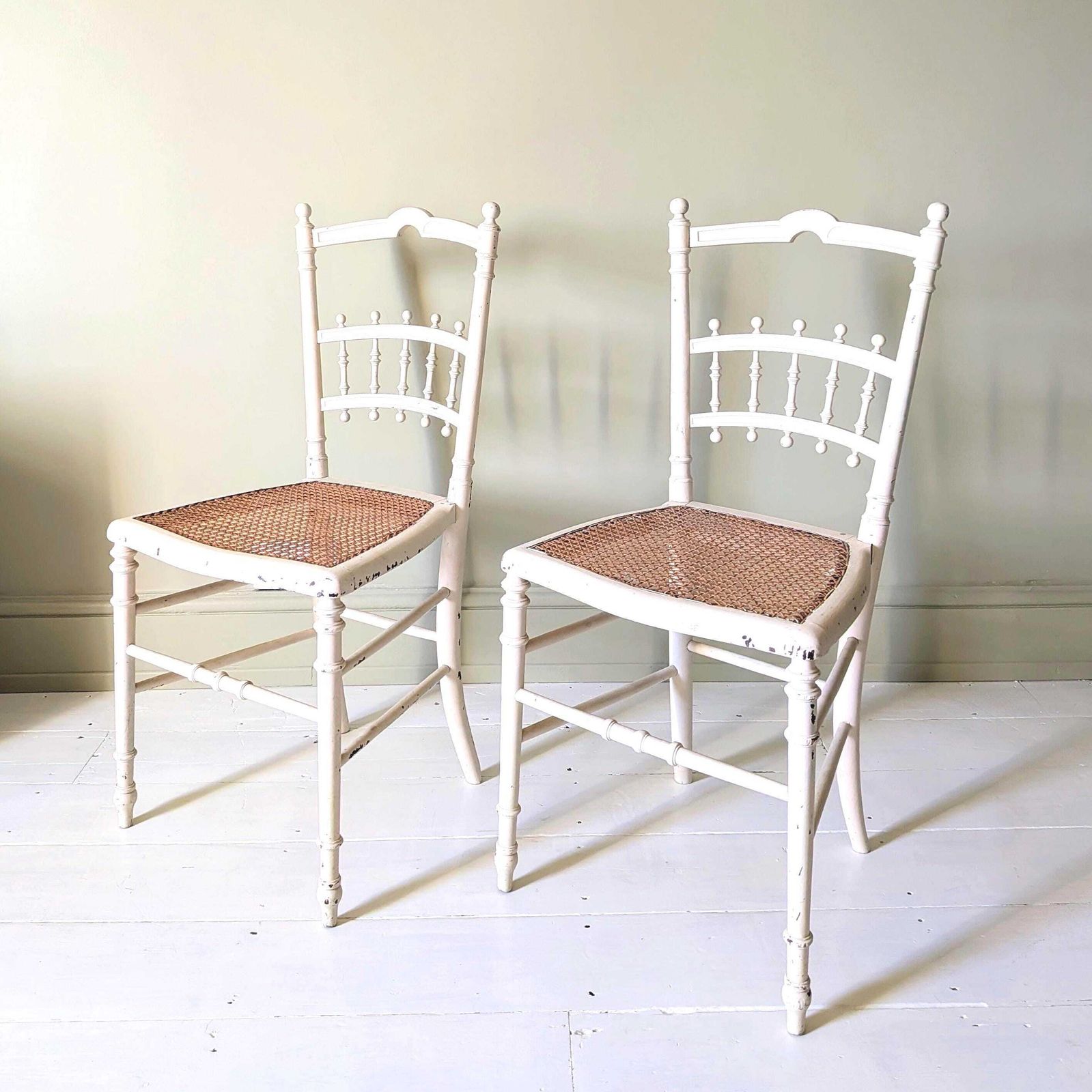 A Pretty Pair Of Antique French Painted Side Chairs With Cane Seats C1890 photo furniture