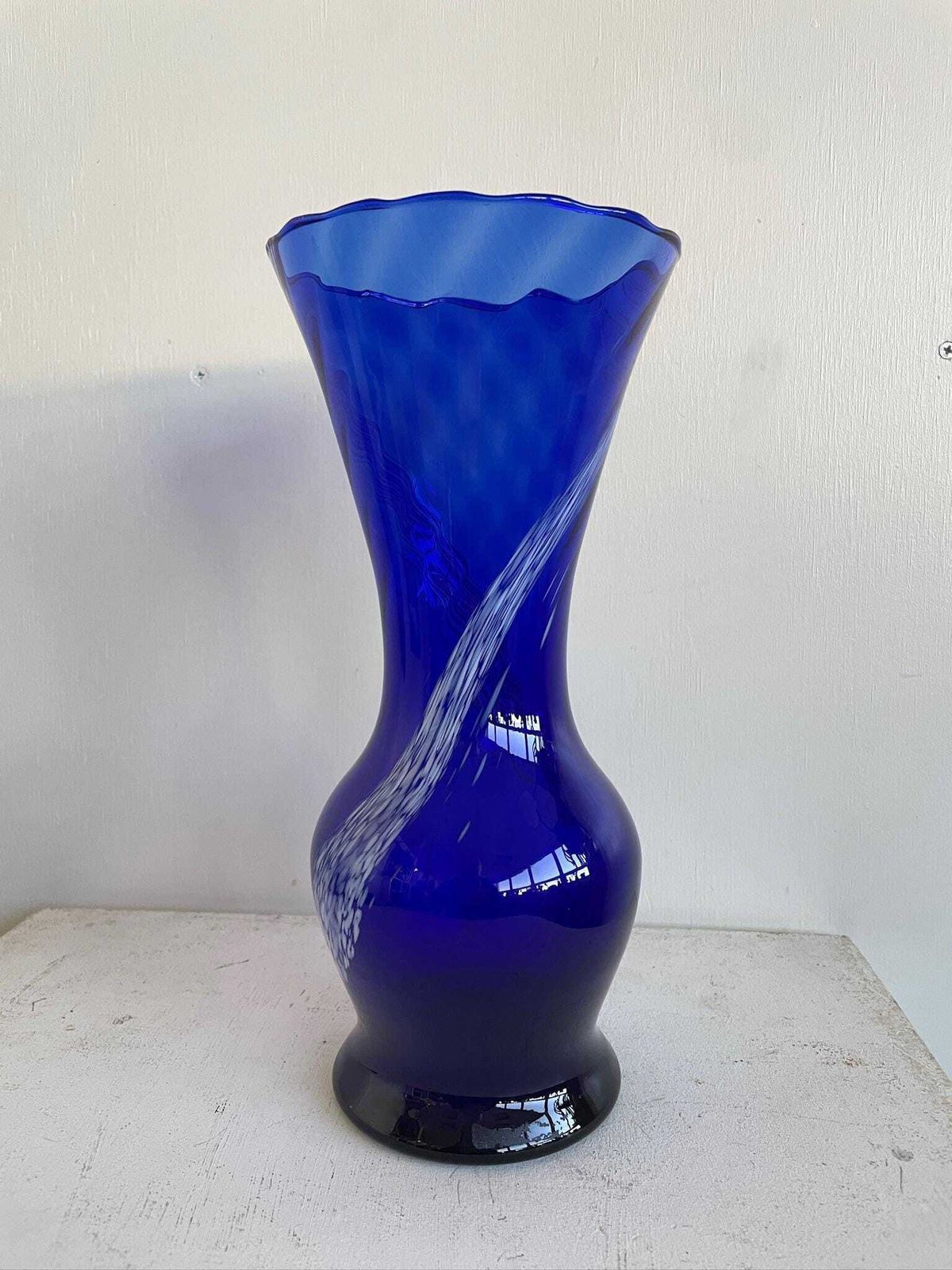 Large Scandi Cobalt Blue Glass Vase With Marbled Swirl Of White photo Home Decor