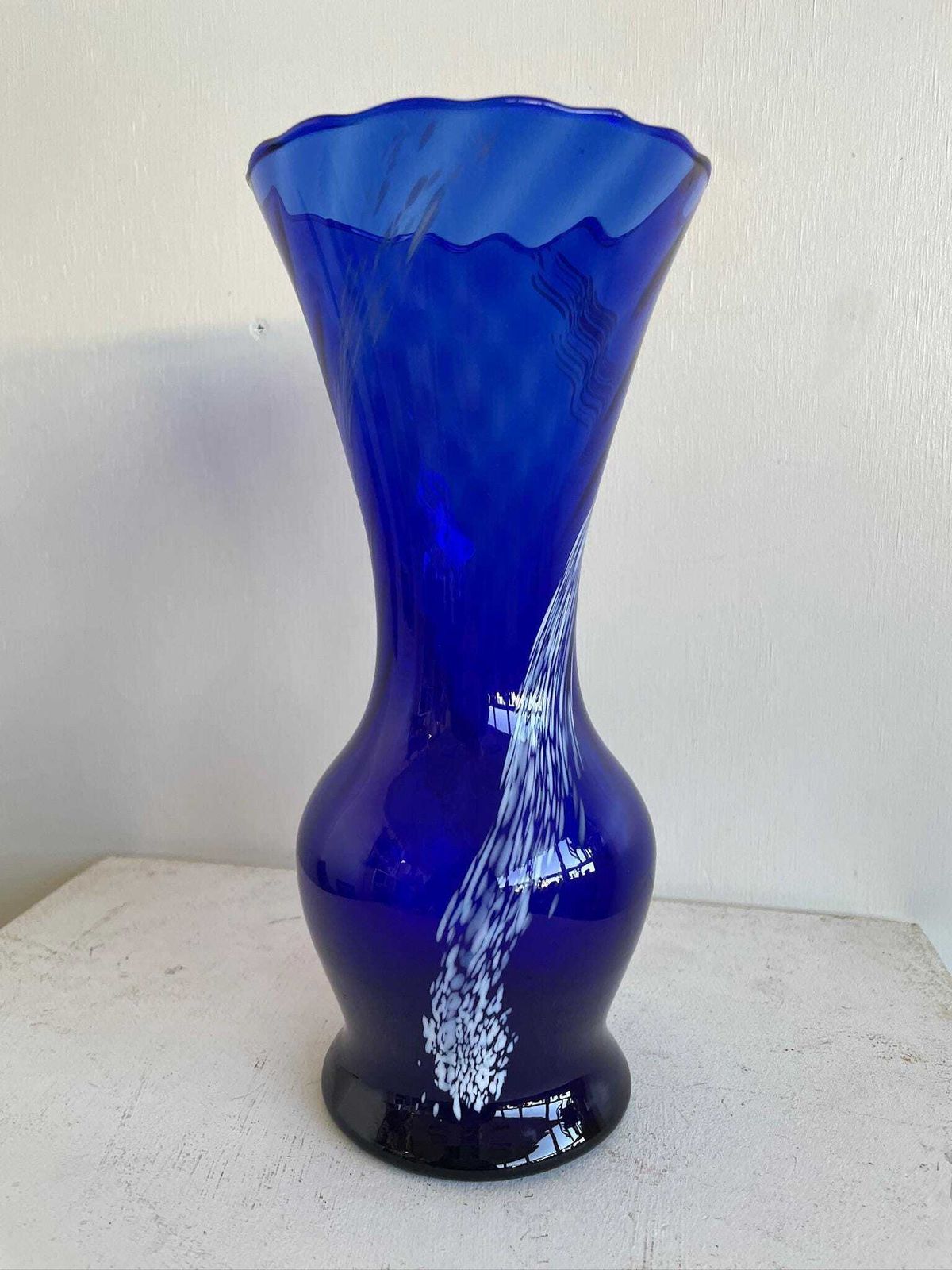 Large Scandi Cobalt Blue Glass Vase With Marbled Swirl Of White photo buy