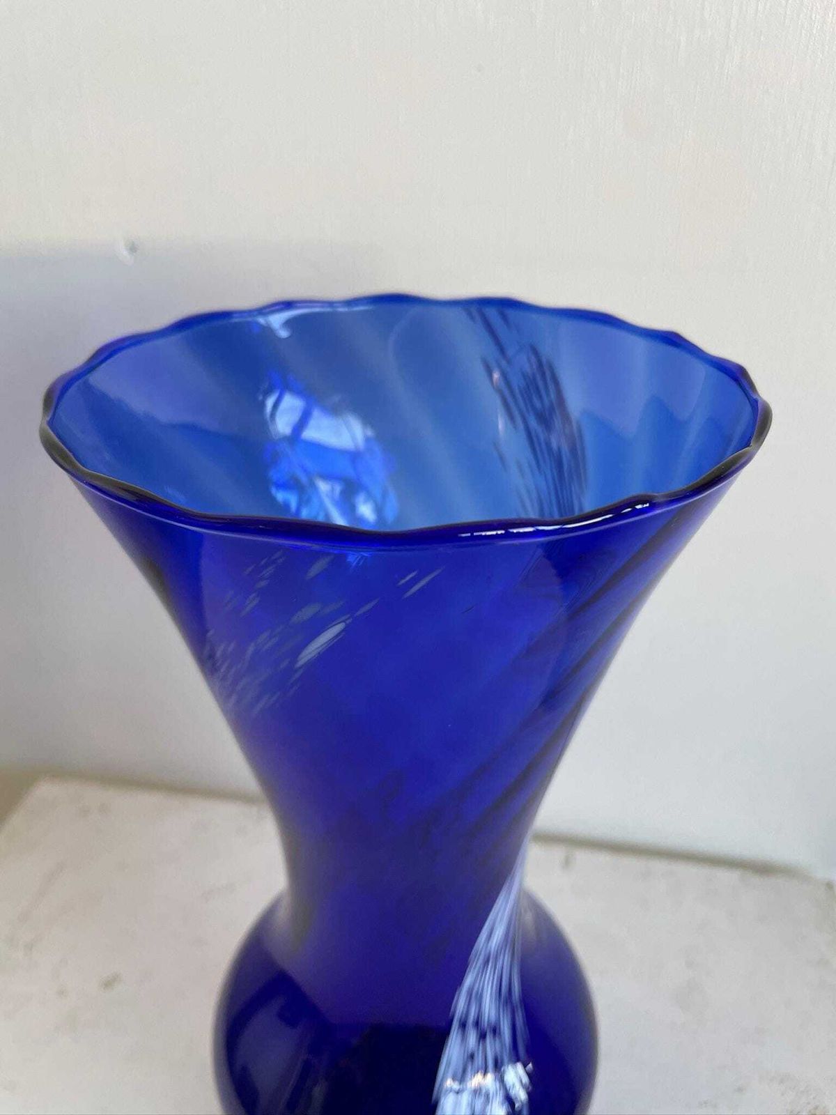 Large Scandi Cobalt Blue Glass Vase With Marbled Swirl Of White photo vintage