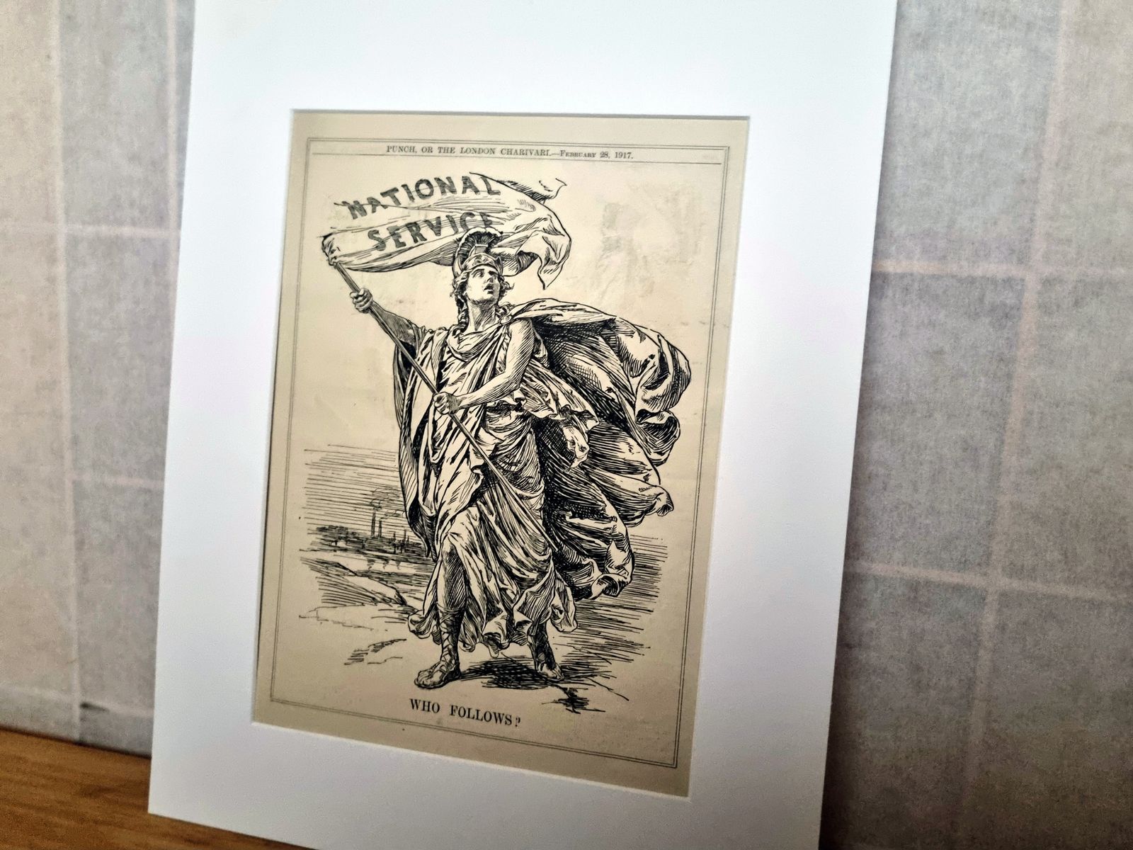 British Political Cartoon Print, Punch Magazine National Service Illustration, 1917 Satirical War Cartoon Mounted, Bernard Partridge Artist