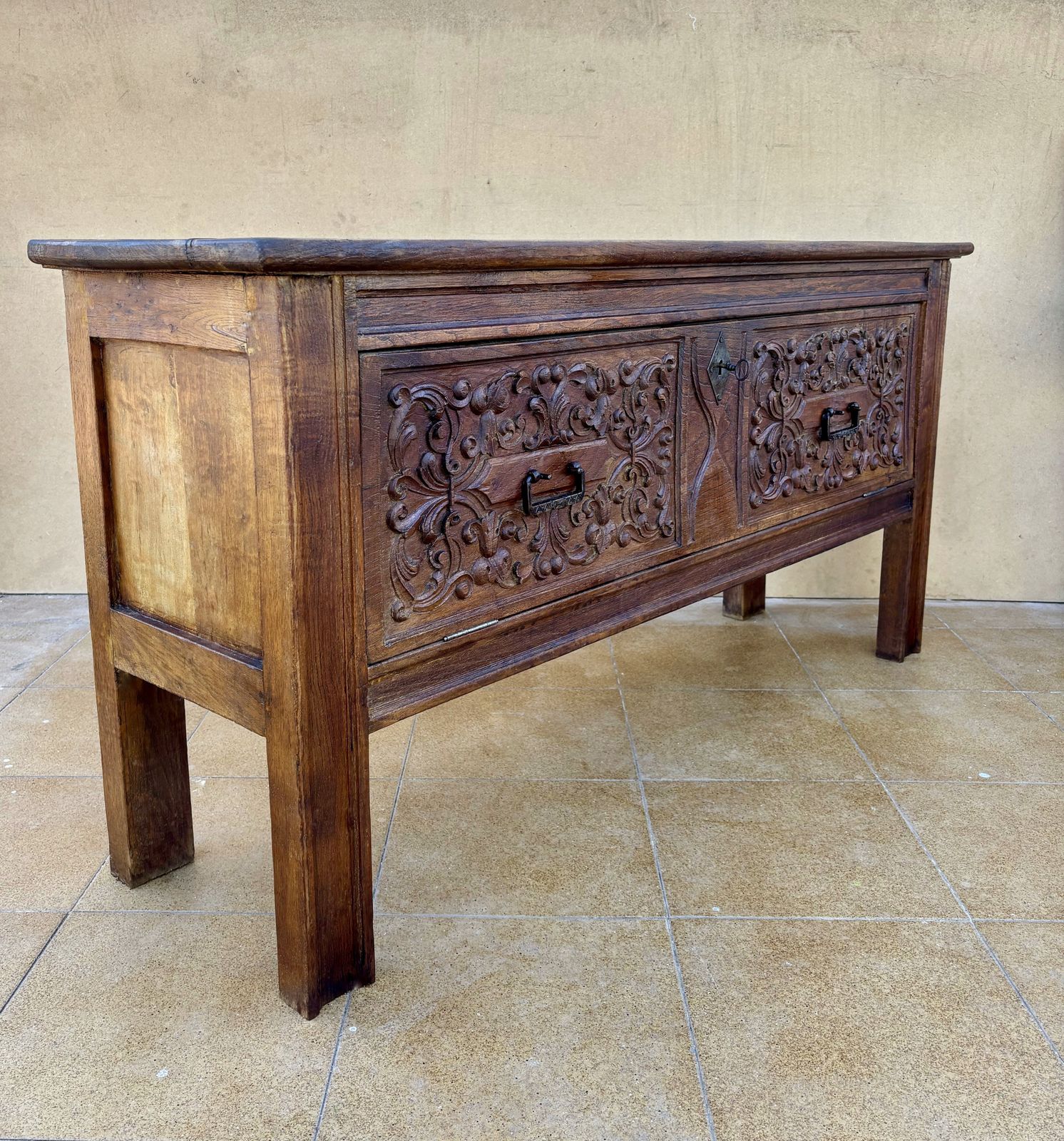 2200.0 Antique Hand Carved Wooden Chest With Decorative Panels photo