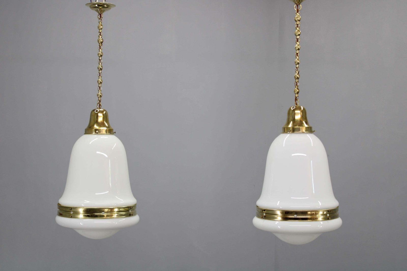 Pair Of 1930s Peter Behrens Luzette Pendants In Opaline Glass And Brass photo furniture