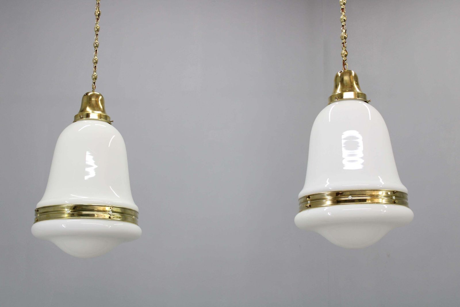 Pair Of 1930s Peter Behrens Luzette Pendants In Opaline Glass And Brass photo Lighting