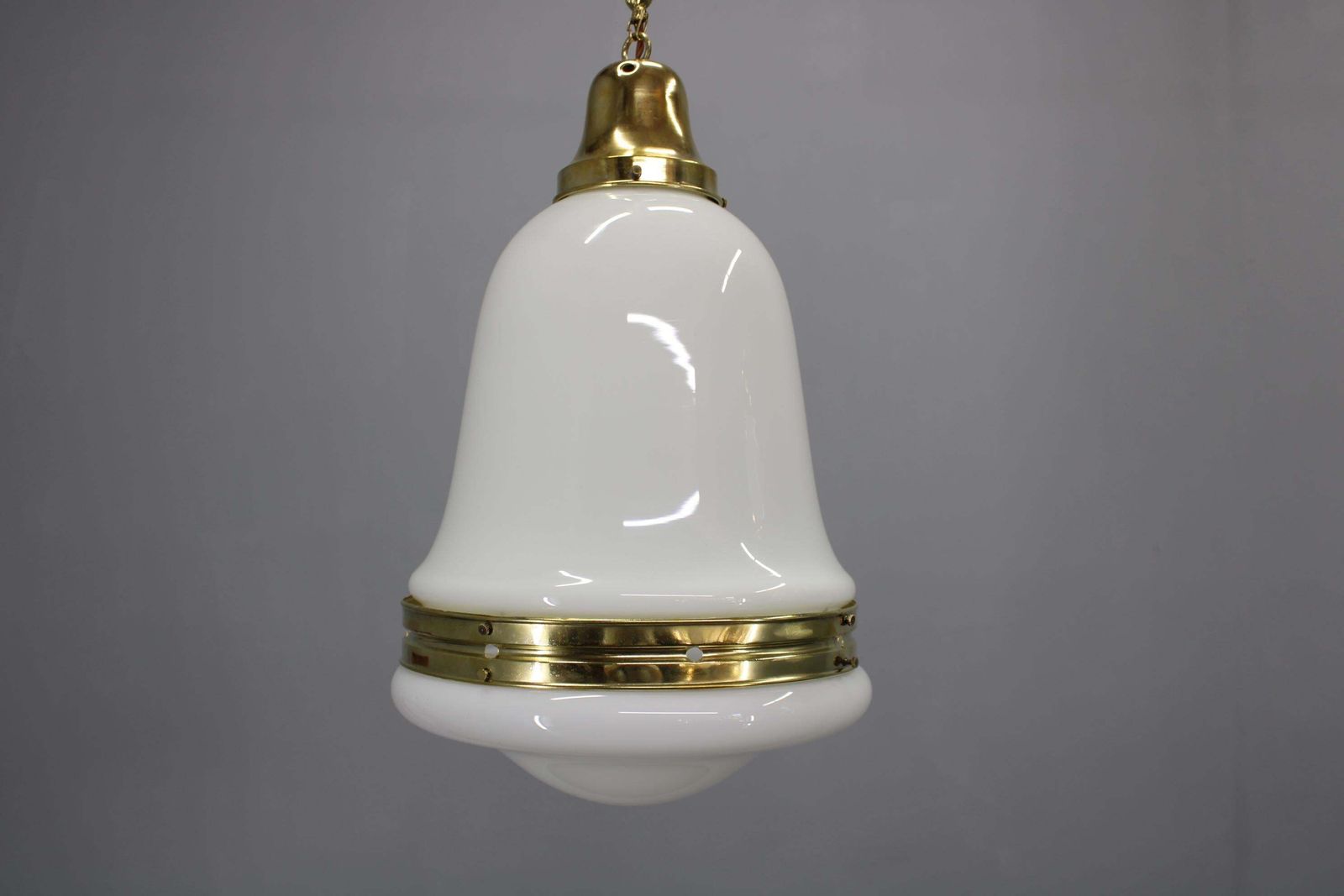 Pair Of 1930s Peter Behrens Luzette Pendants In Opaline Glass And Brass photo vinterior