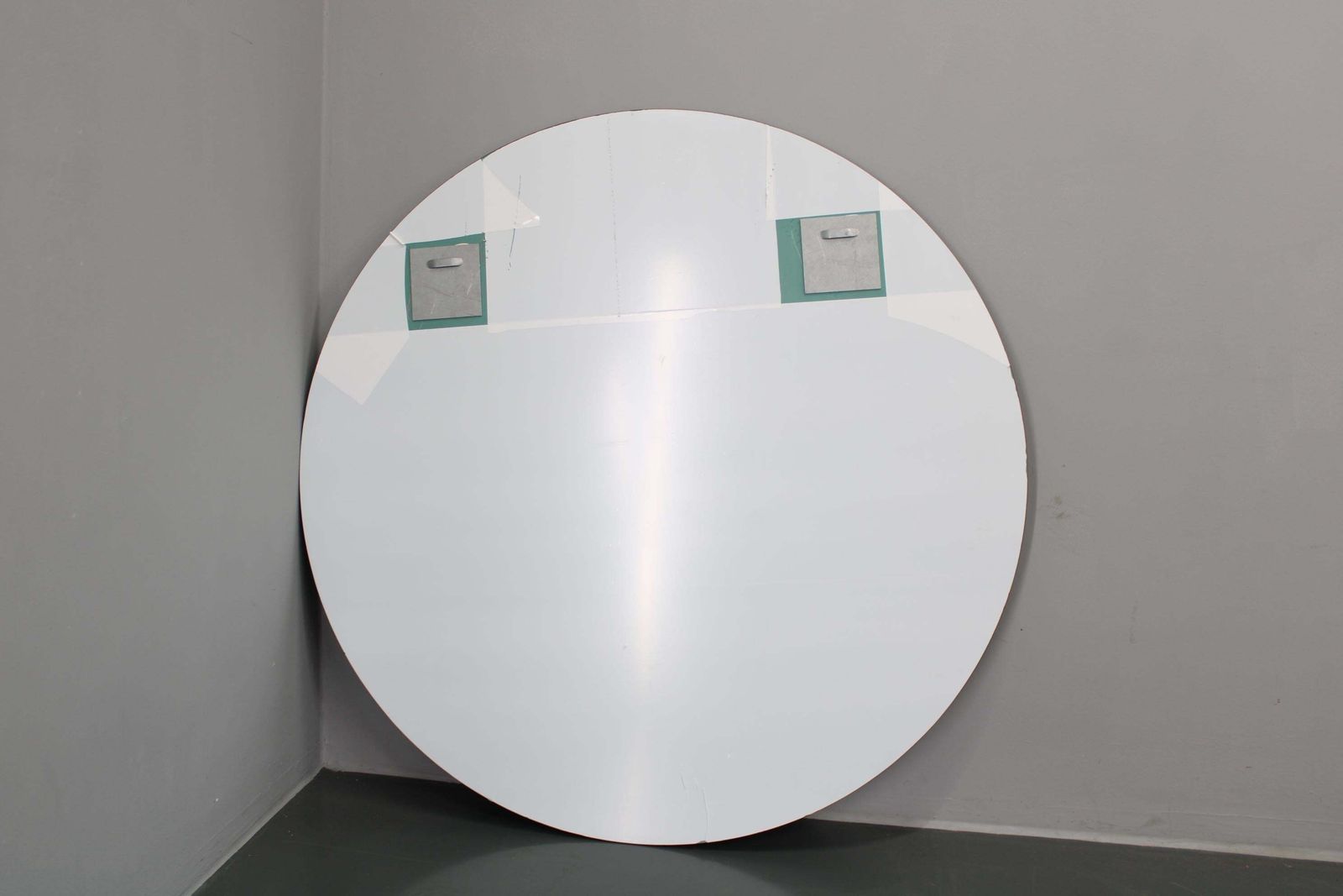Large 1980s Italian Smoke Tinted Round Mirror With White Geometric Segment photo vinterior