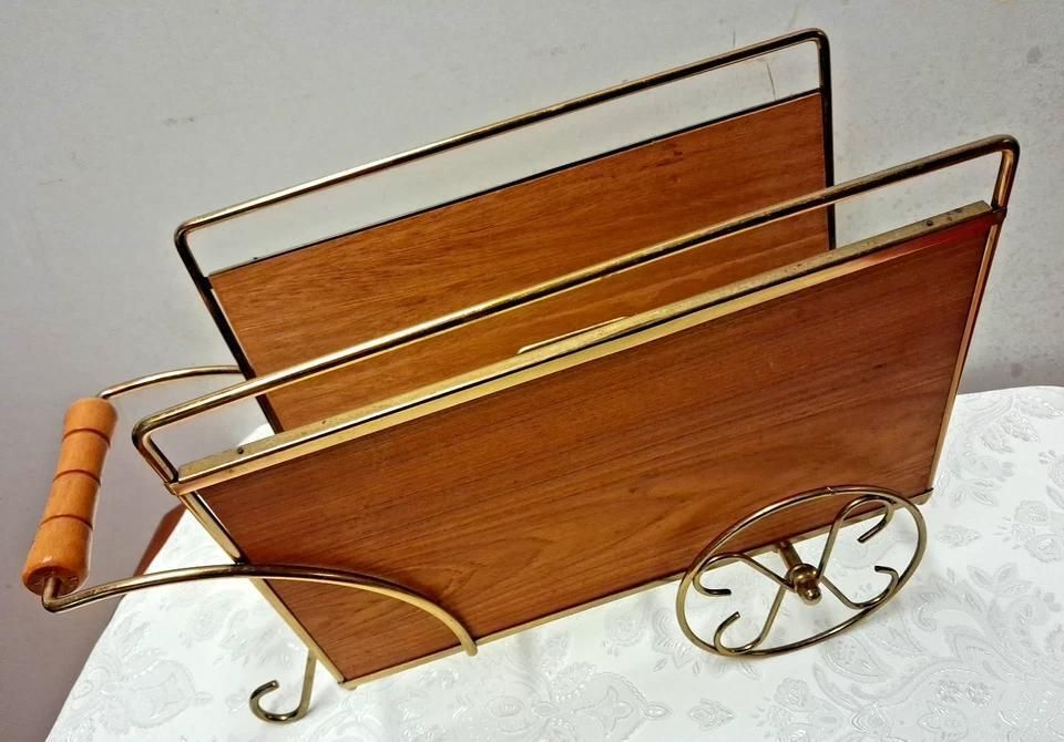 Mid Century Magazine Rack In A Cart And Brass Style photo furniture