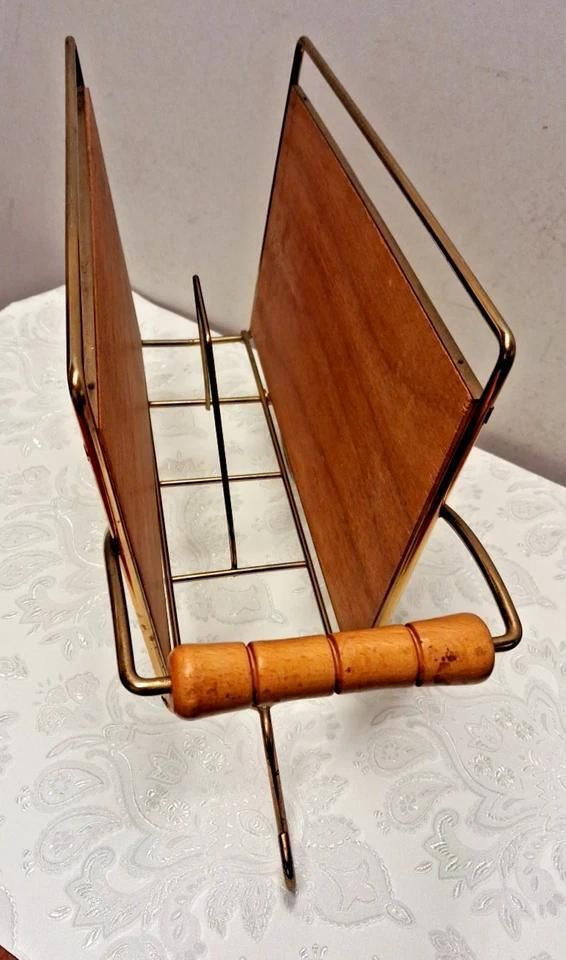 Mid Century Magazine Rack In A Cart And Brass Style photo for sale