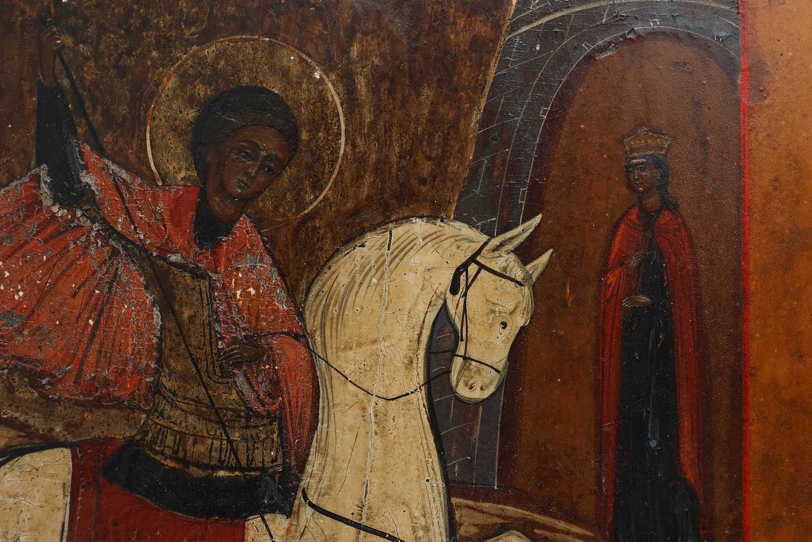 Religious Icon Of Saint George And The Dragon, 1800s, Painting On Wood photo vintage