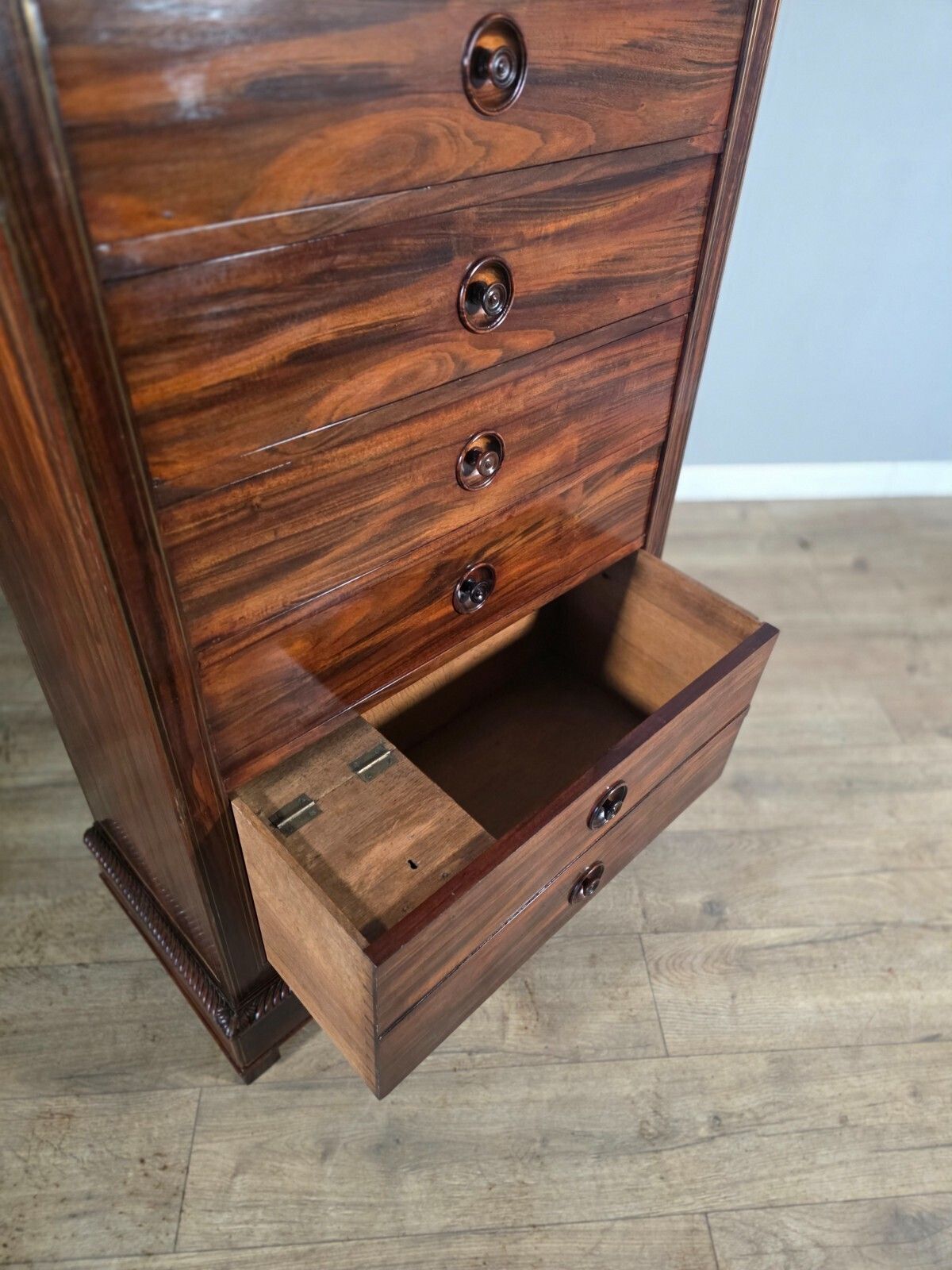 photo for sale Antique French Rosewood Brass Inlaid 6 Drawer Chest 1880s
