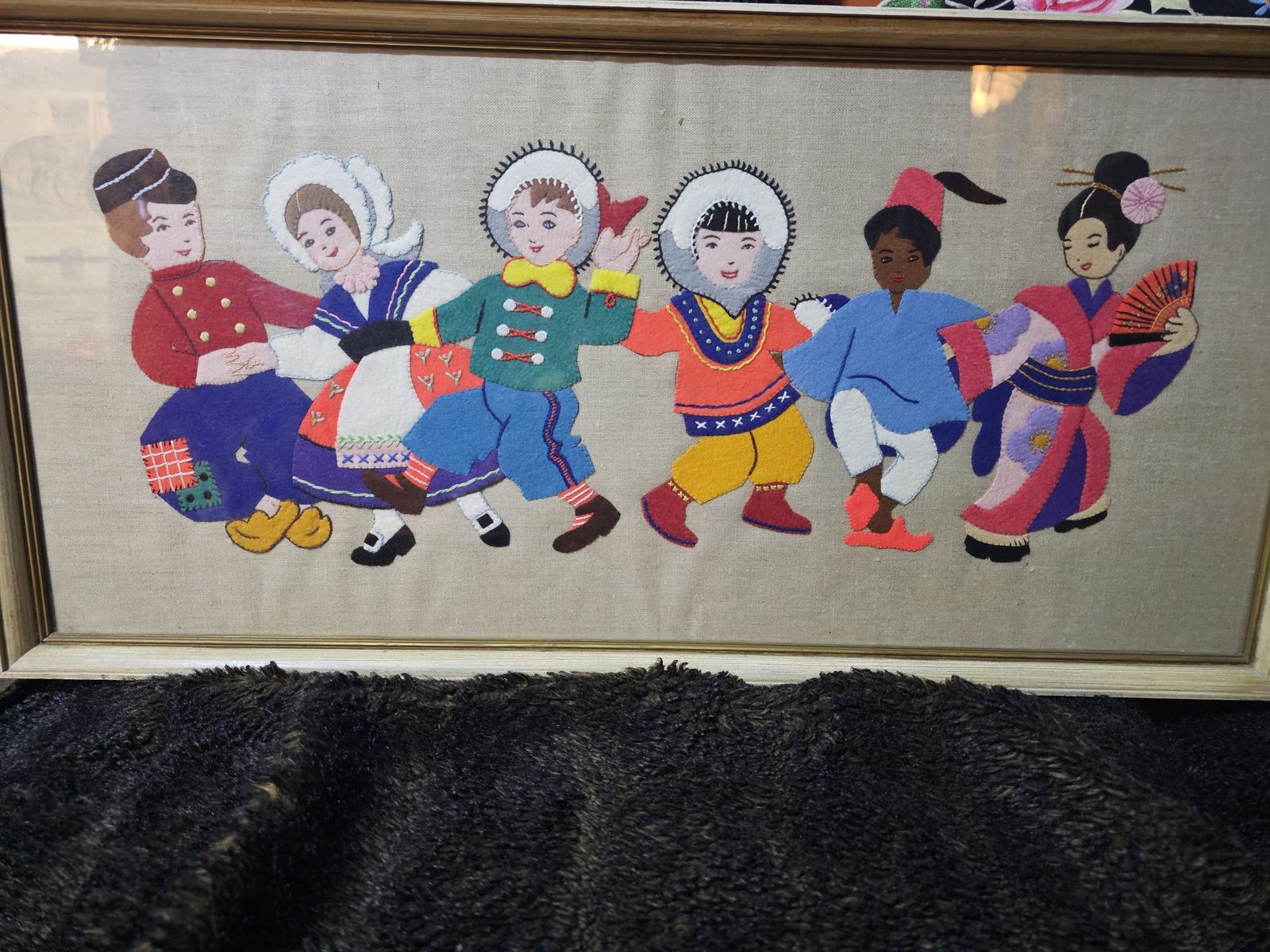Hand Made, Rare, Children Of The World, Picture In Felt, Wool And Linen In Vintage Glass And Wood Frameglass