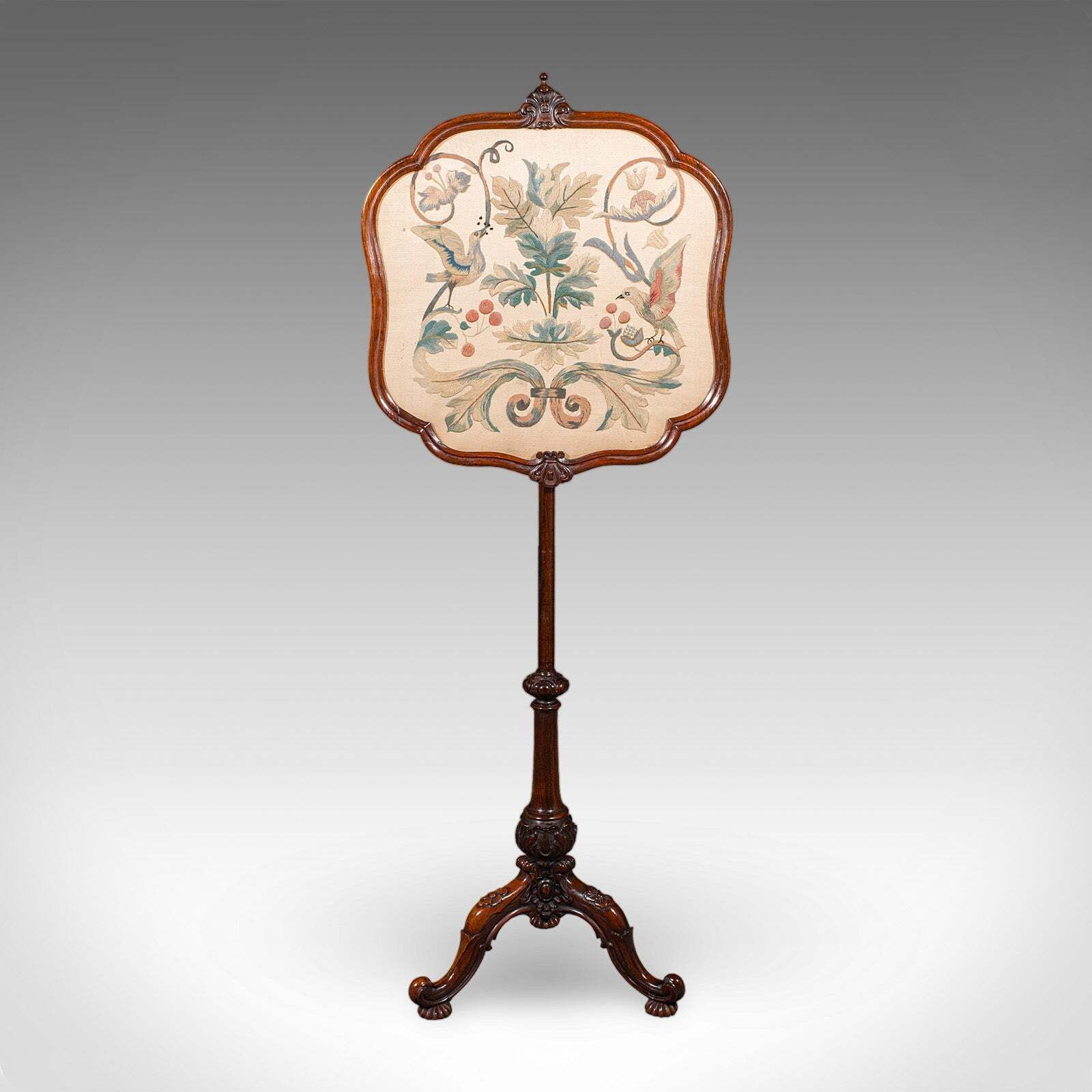 Antique Pole Screen, English, Embroidered Fire Panel, Reflector, Early Victorian photo furniture