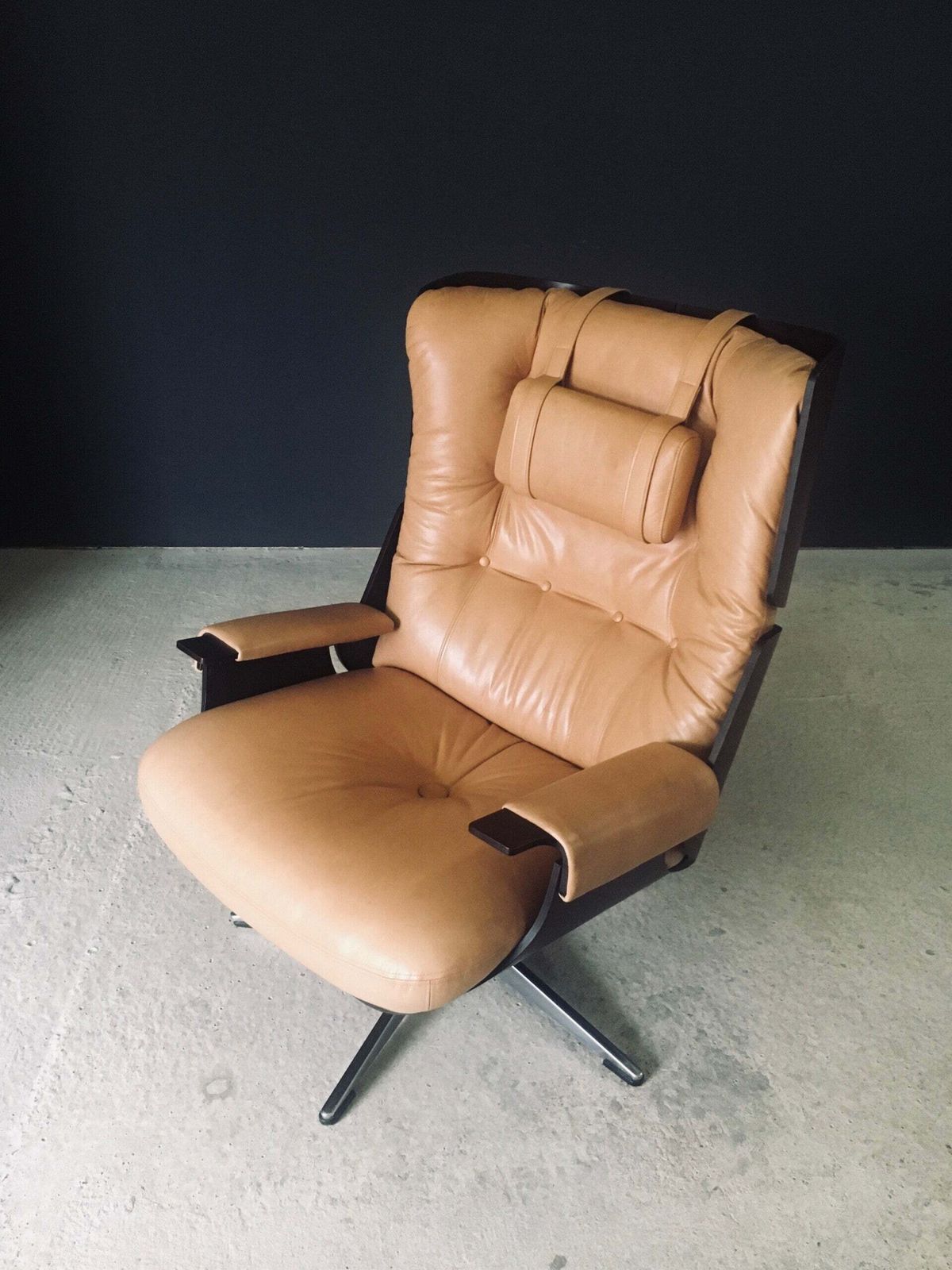 Furniture Midcentury Modern Design Leather Lounge Chair & Ottoman, Germany 1960's photo