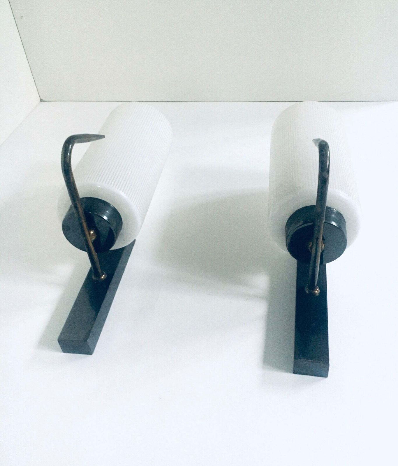 Midcentury Design Brass & Glass Wall Lamp Sconce Set, France 1950's photo vintage