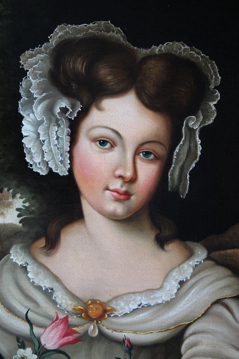 photo vinterior Young Girl With Florals, Early 1800s, Oil On Canvas
