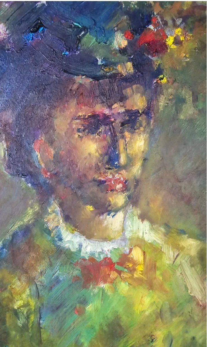 Art Impressionist Artist, Portrait, Oil On Wood Panel, Framed photo