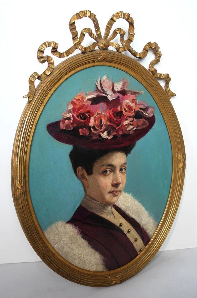 Portrait Of Lady With Hat, 1800s, Oil Painting, Framed photo furniture