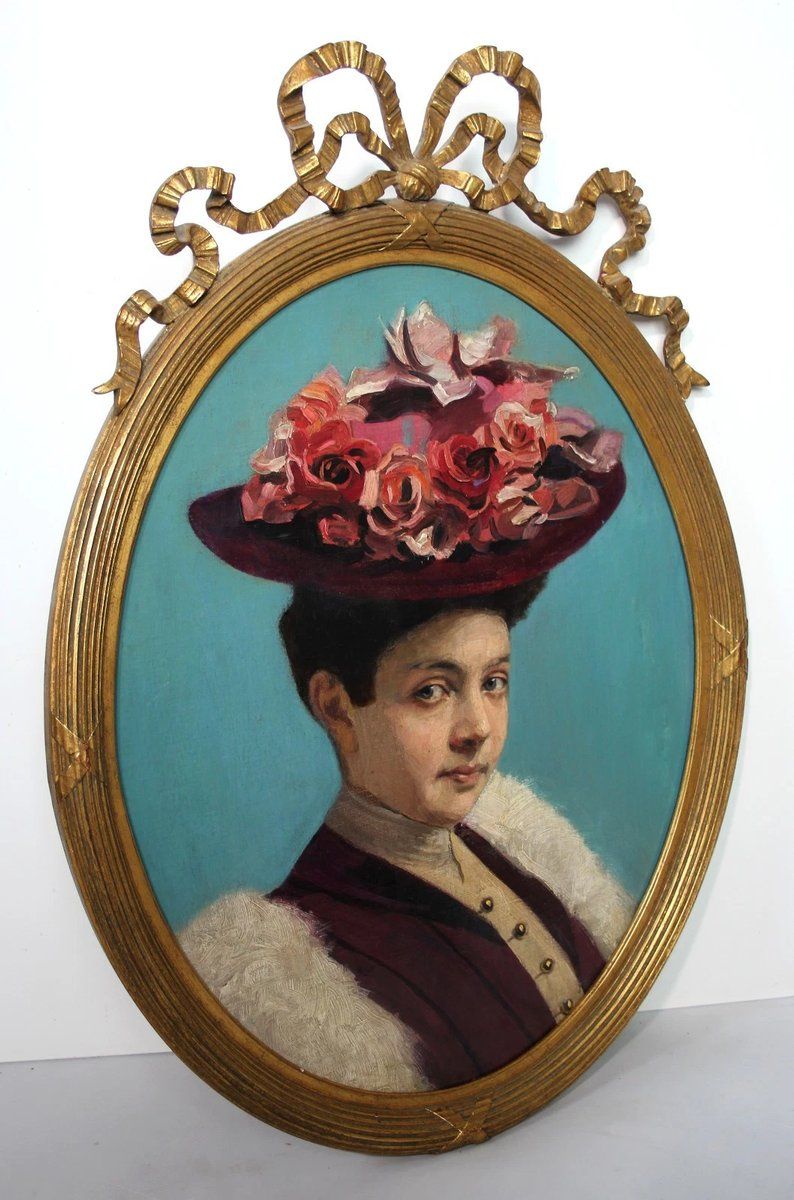 photo vintage Portrait Of Lady With Hat, 1800s, Oil Painting, Framed