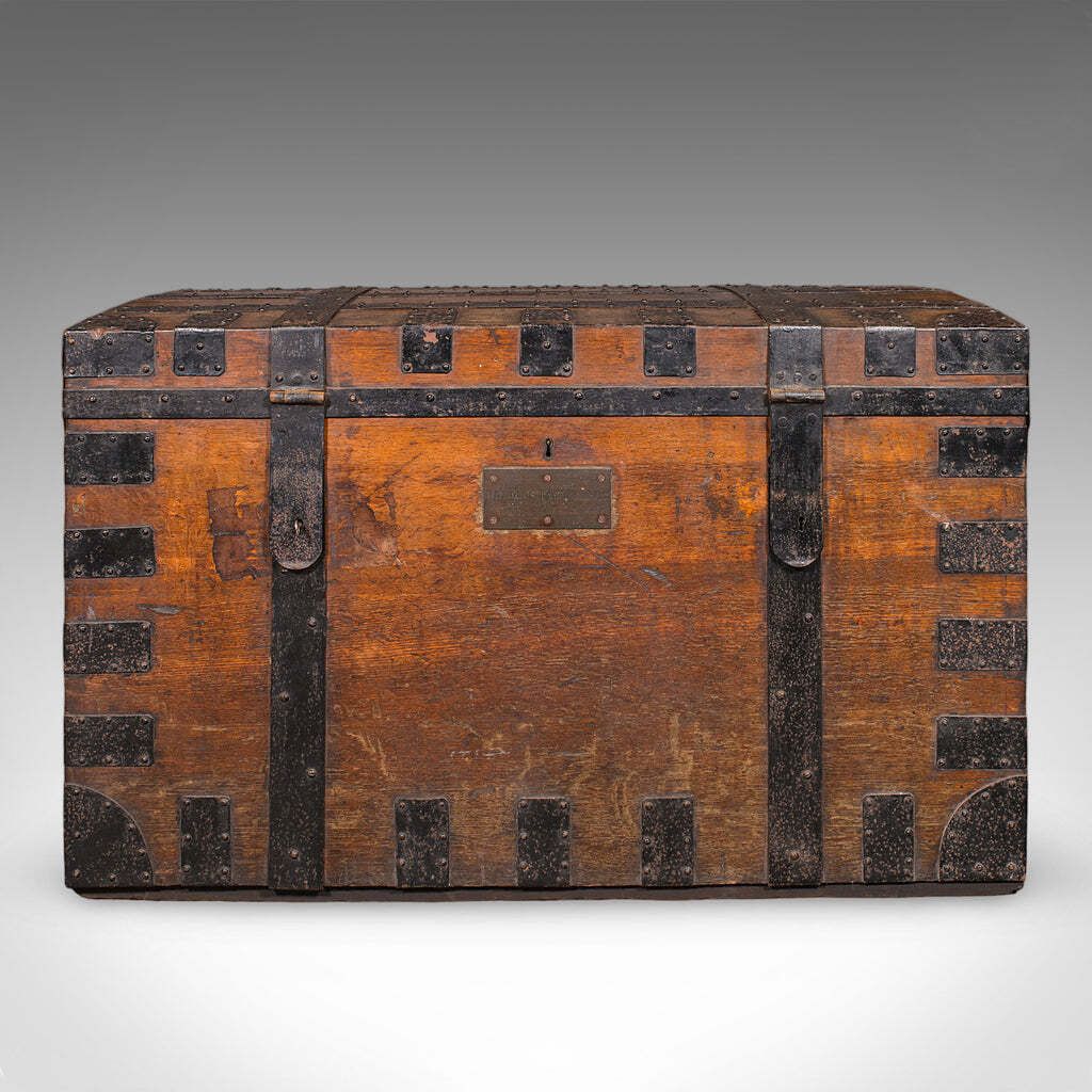 Large Antique Silver Chest, English, Oak, Iron Bound, Shipping Trunk, Victorian photo for sale