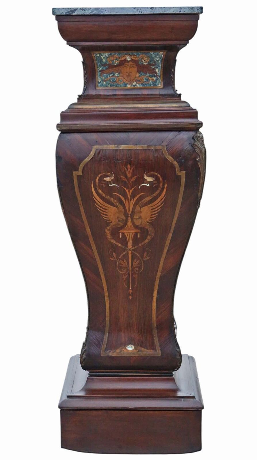 Home Decor Antique Large Pair Of 19th Century Neoclassical Jardiniere Statue Stands – Marquetry Pedestal Tables With Ormolu Mounts And Topped With Marble photo