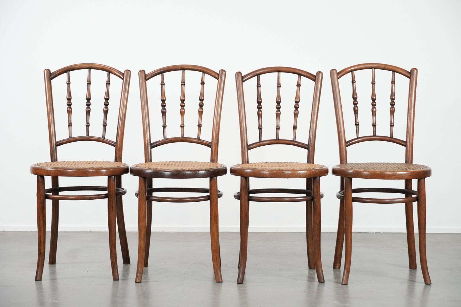 Nice Set Of 4 Wooden Vintage Bistro Chairs Jacob & Josef Kohn Wien With A Wicker Seat photo furniture