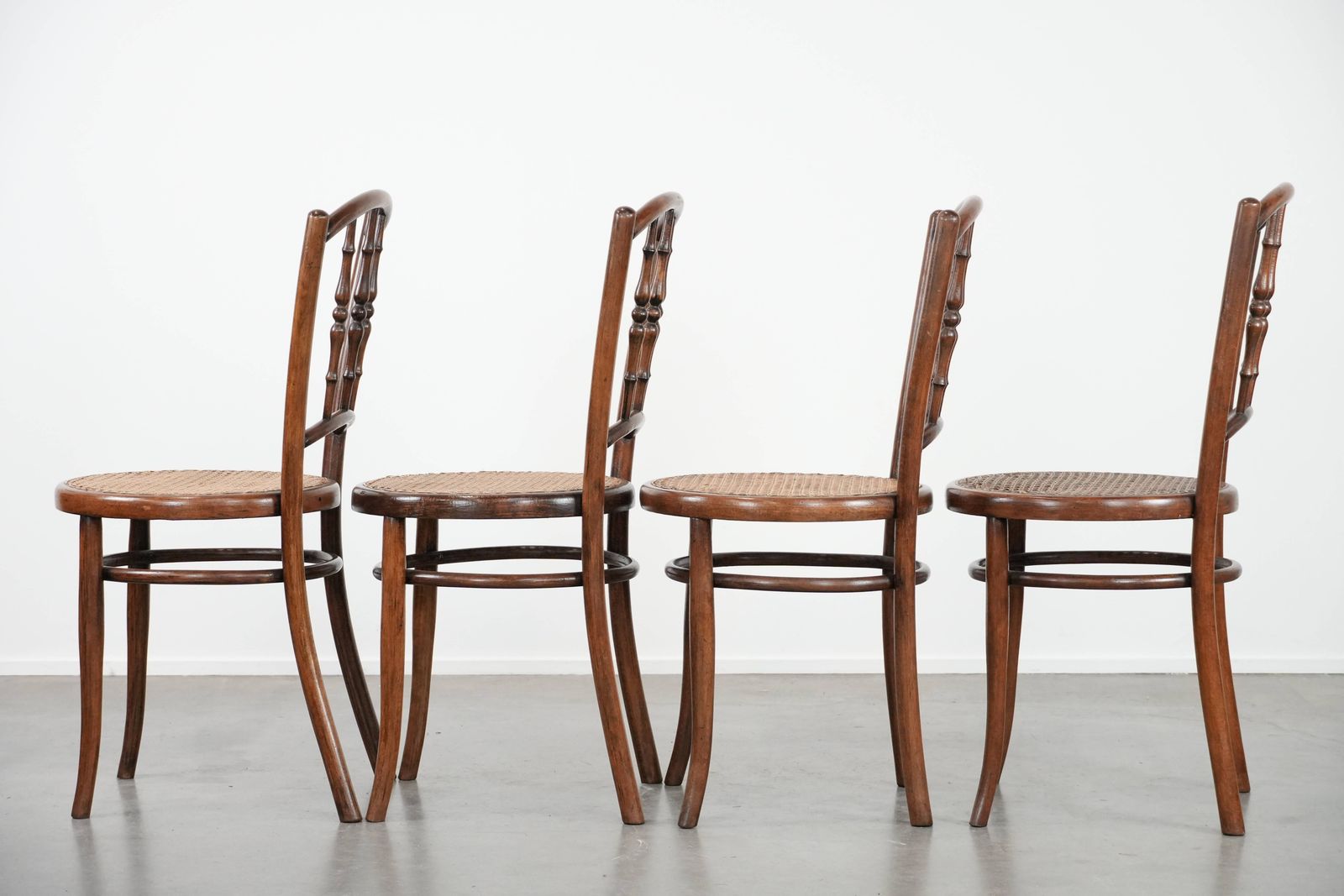Nice Set Of 4 Wooden Vintage Bistro Chairs Jacob & Josef Kohn Wien With A Wicker Seat photo 935.0
