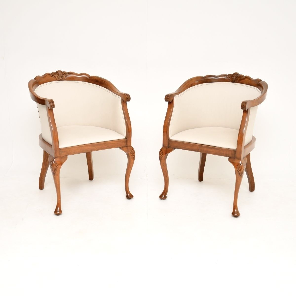 Pair Of Antique Queen Anne Style Walnut Tub Armchairs