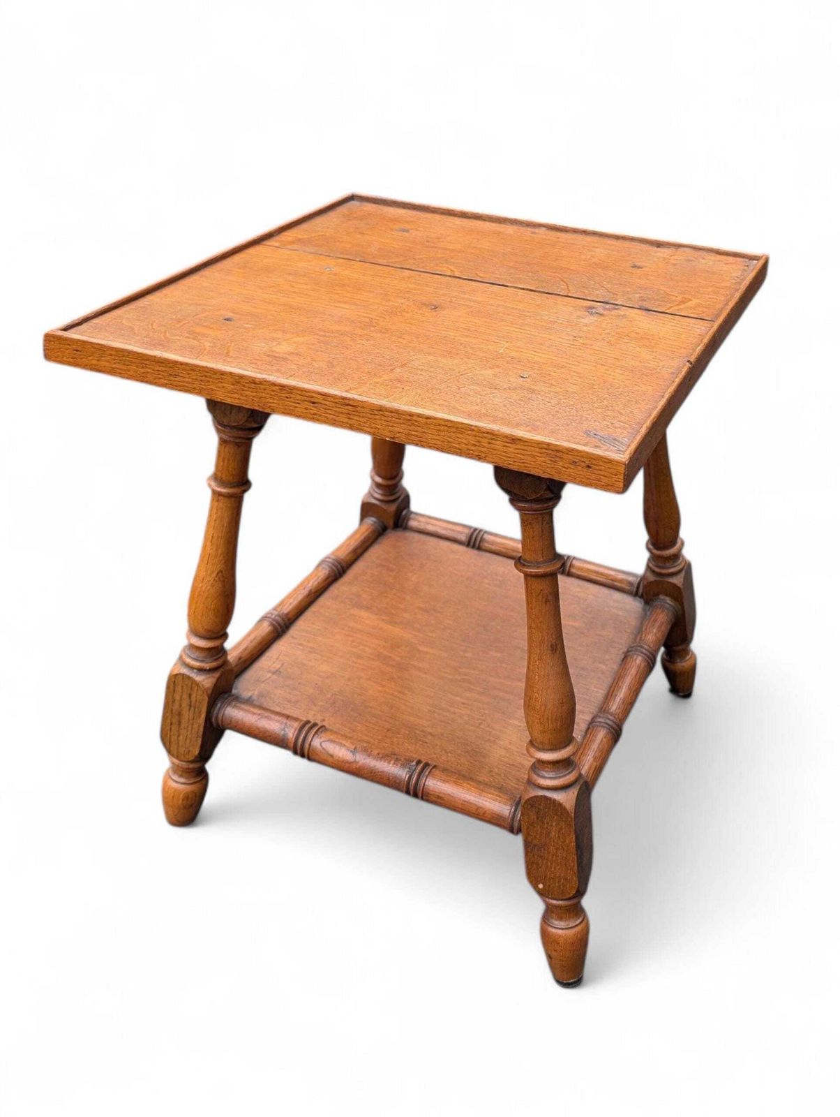 Rustic Oak Side Table: Arts & Crafts Plant Stand With Faux Bamboo, 1930s photo for sale