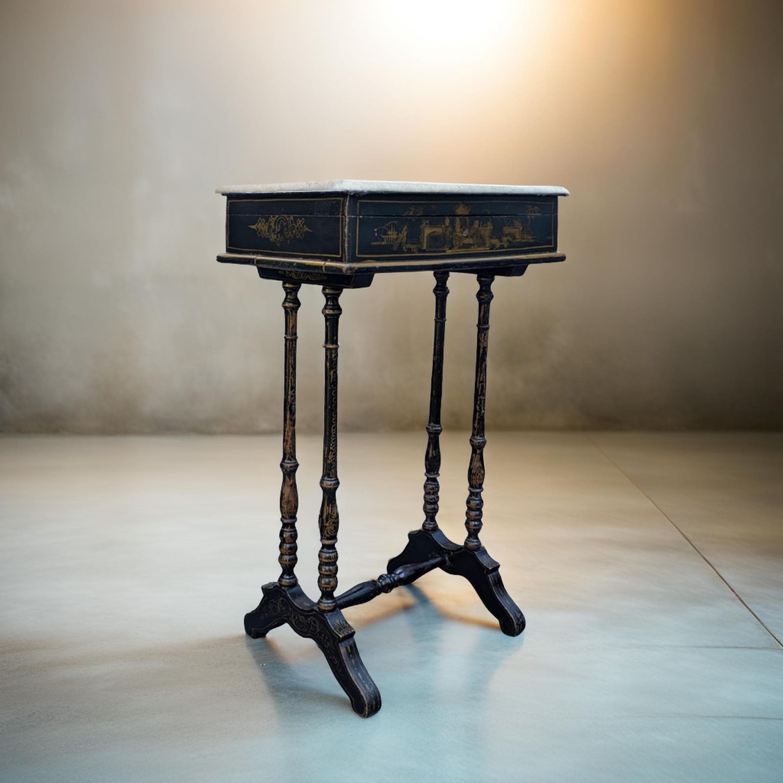 Antique French Chinoiserie Sewing Table / Work Table, Ca. 1869, Lacquer With Newspaper Detail