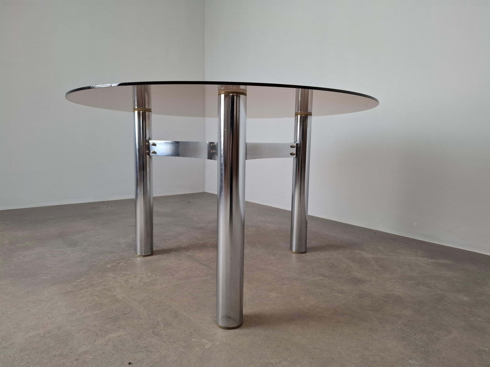 959.0 Midcentury Czechoslovak Smoked Glass Coffee Table, Chrome Metal, 1970s photo