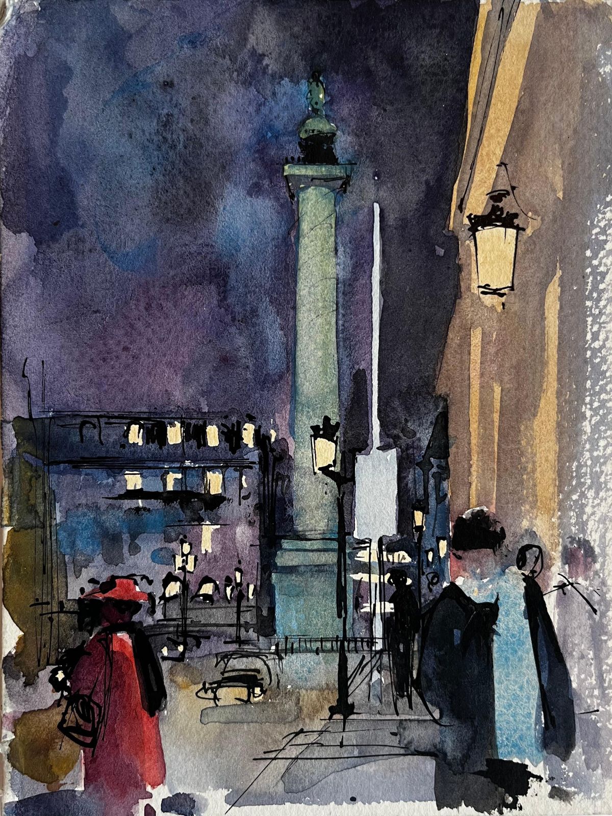 Pierre Neveuparisian City Square At Night With Column And Figures French Watercolor