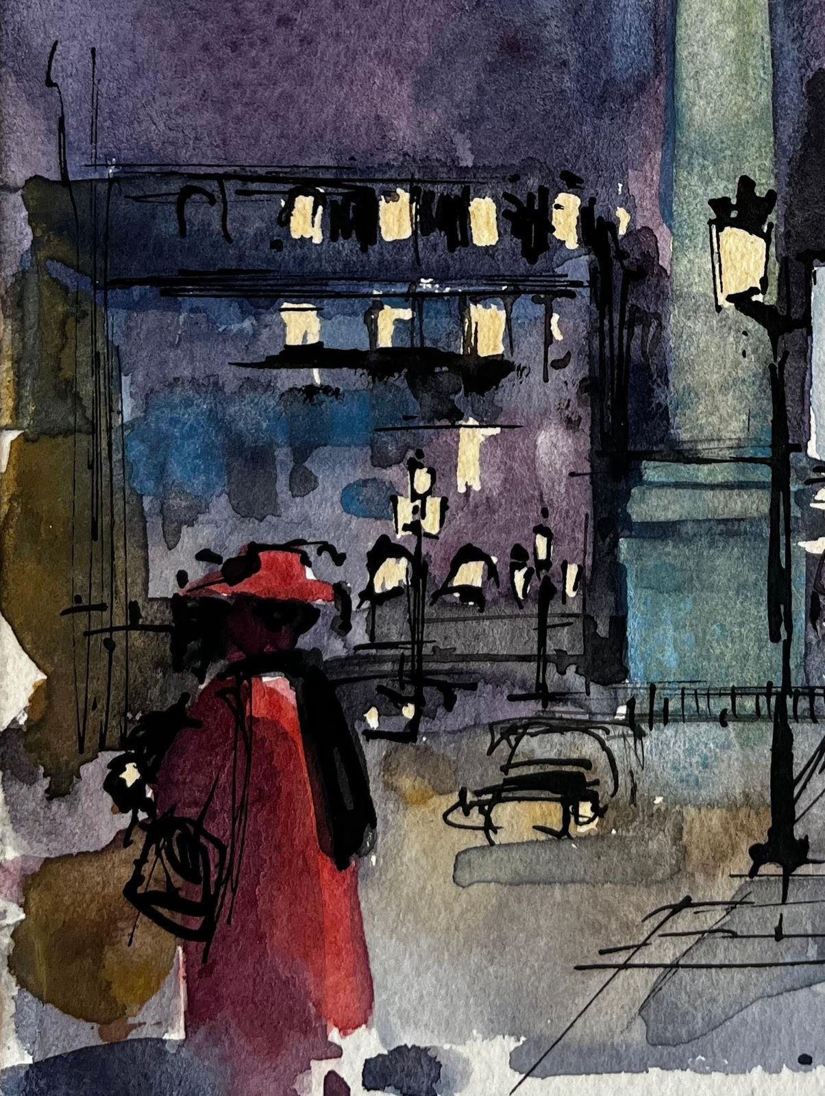 Pierre Neveuparisian City Square At Night With Column And Figures French Watercolor photo Art
