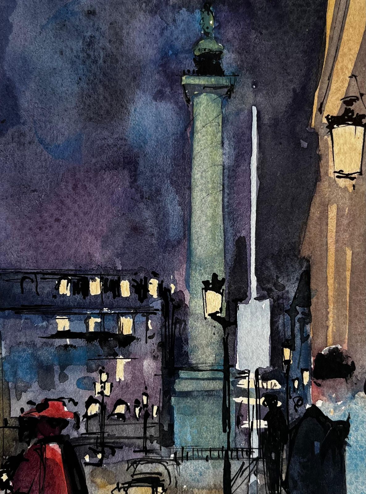 Pierre Neveuparisian City Square At Night With Column And Figures French Watercolor photo buy