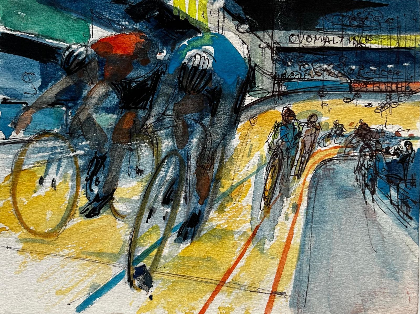 Pierre Neveucyclists Racing On Velodrome Track French Modernist Watercolor Gouache