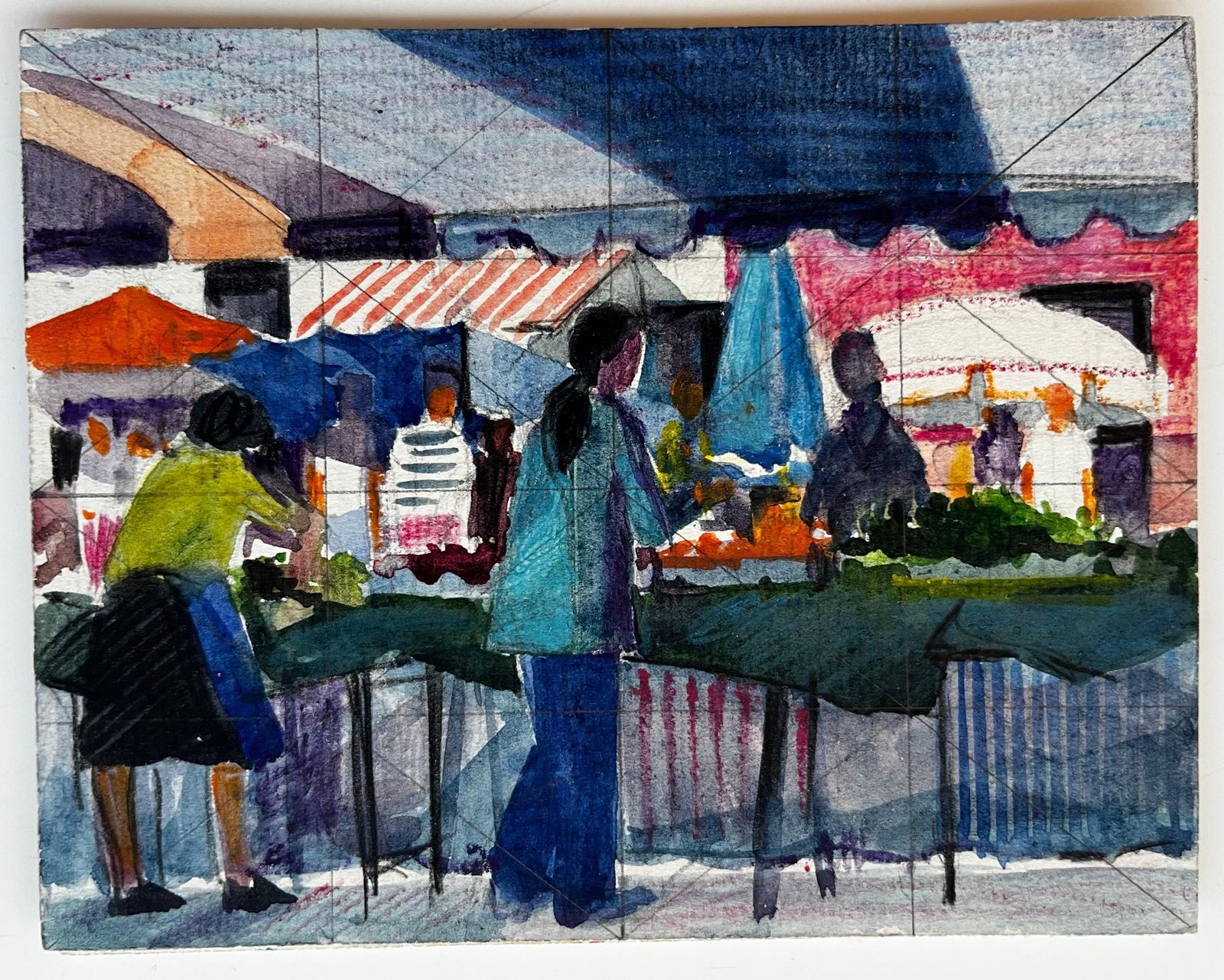 Pierre Neveufrench Market Scene With Figures Stalls And Awnings Modernist Watercolor photo furniture