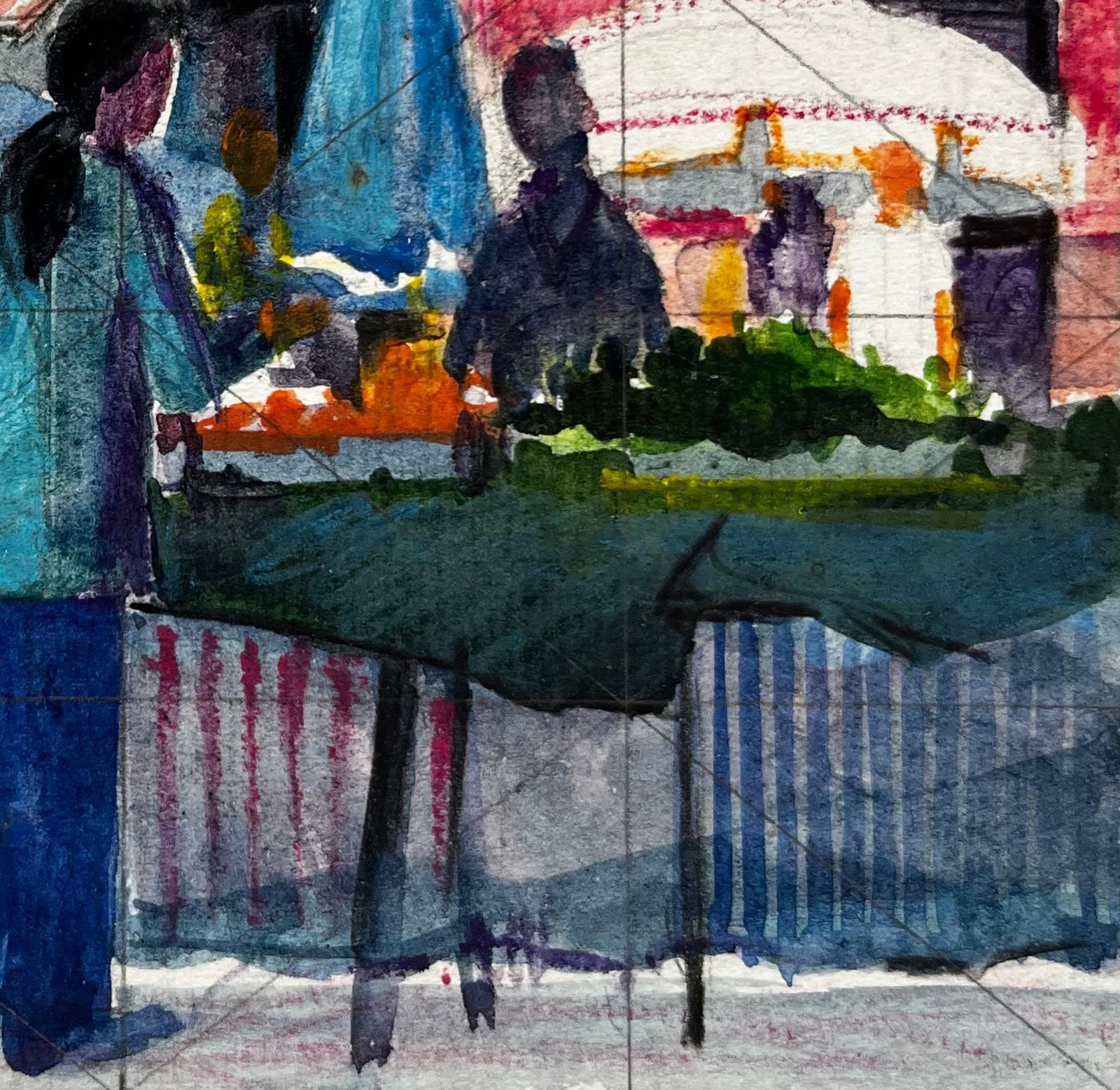 Pierre Neveufrench Market Scene With Figures Stalls And Awnings Modernist Watercolor photo vinterior