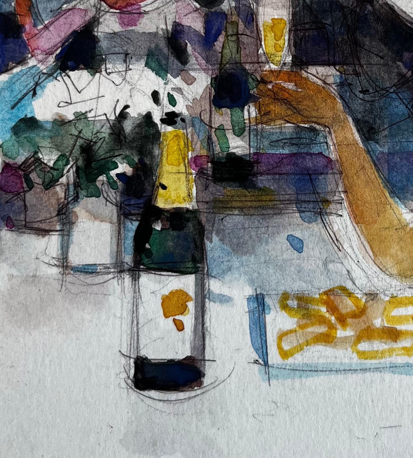 Pierre Neveumodern Cafe Scene With Figures Wine Bottles And White Hat French Watercolor photo vinterior