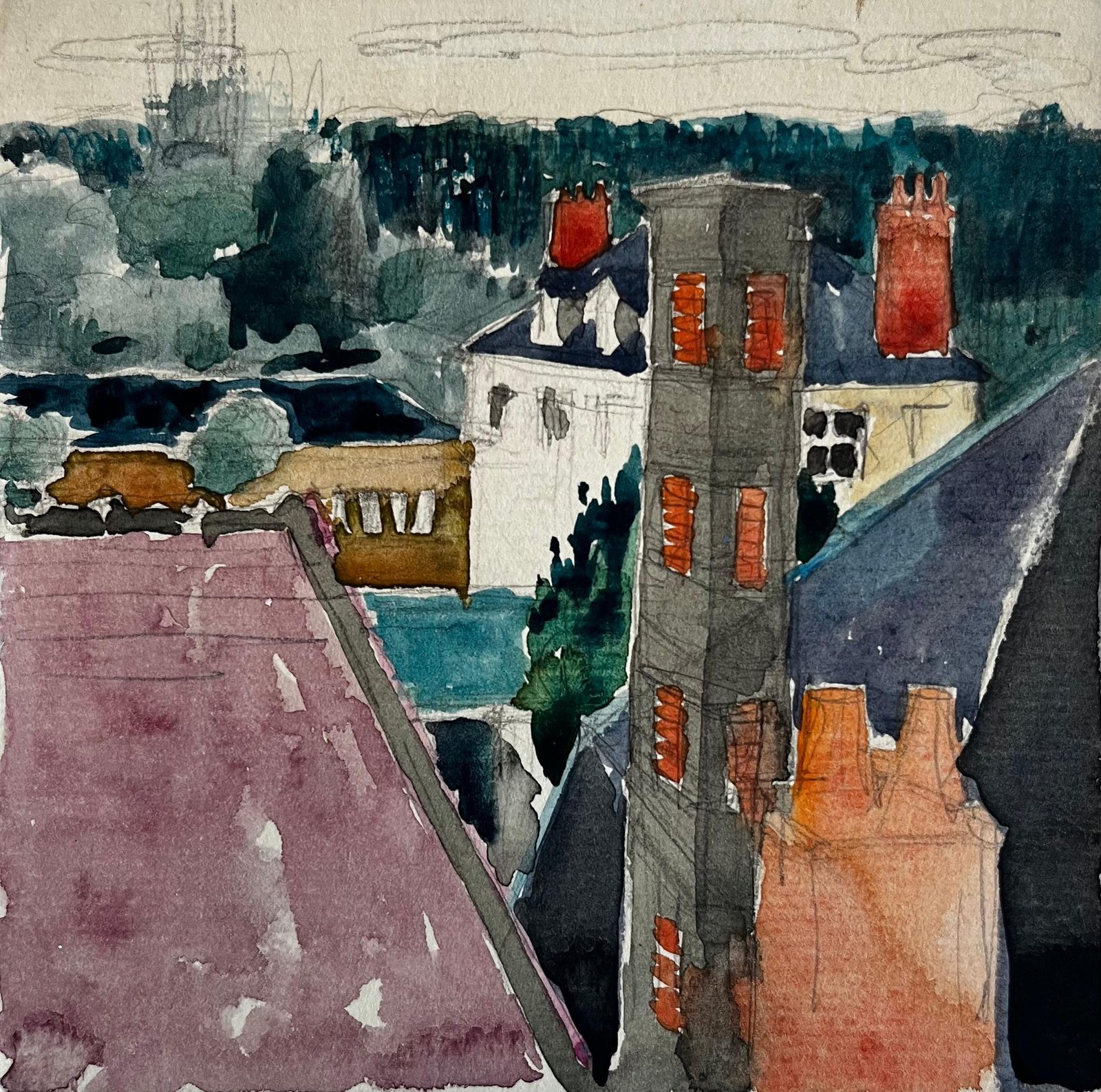 Pierre Neveufrench Rooftop Cityscape With Chimneys Modernist Watercolor Gouache
