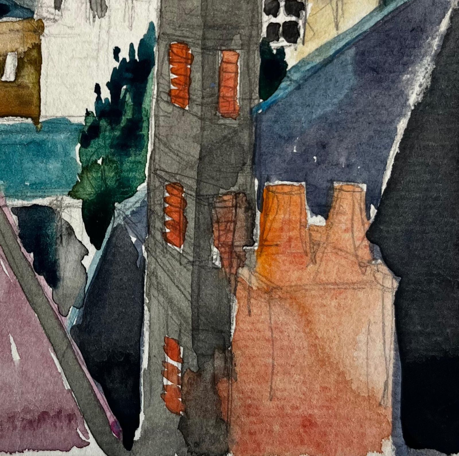 Pierre Neveufrench Rooftop Cityscape With Chimneys Modernist Watercolor Gouache photo Art
