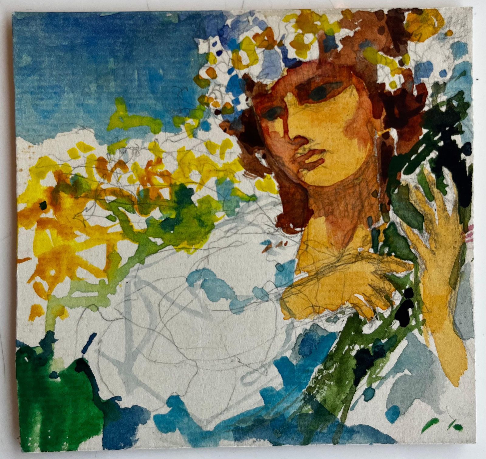 Pierre Neveuexpressive Female Portrait With Raised Hand French Modernist Watercolor Gouache photo furniture