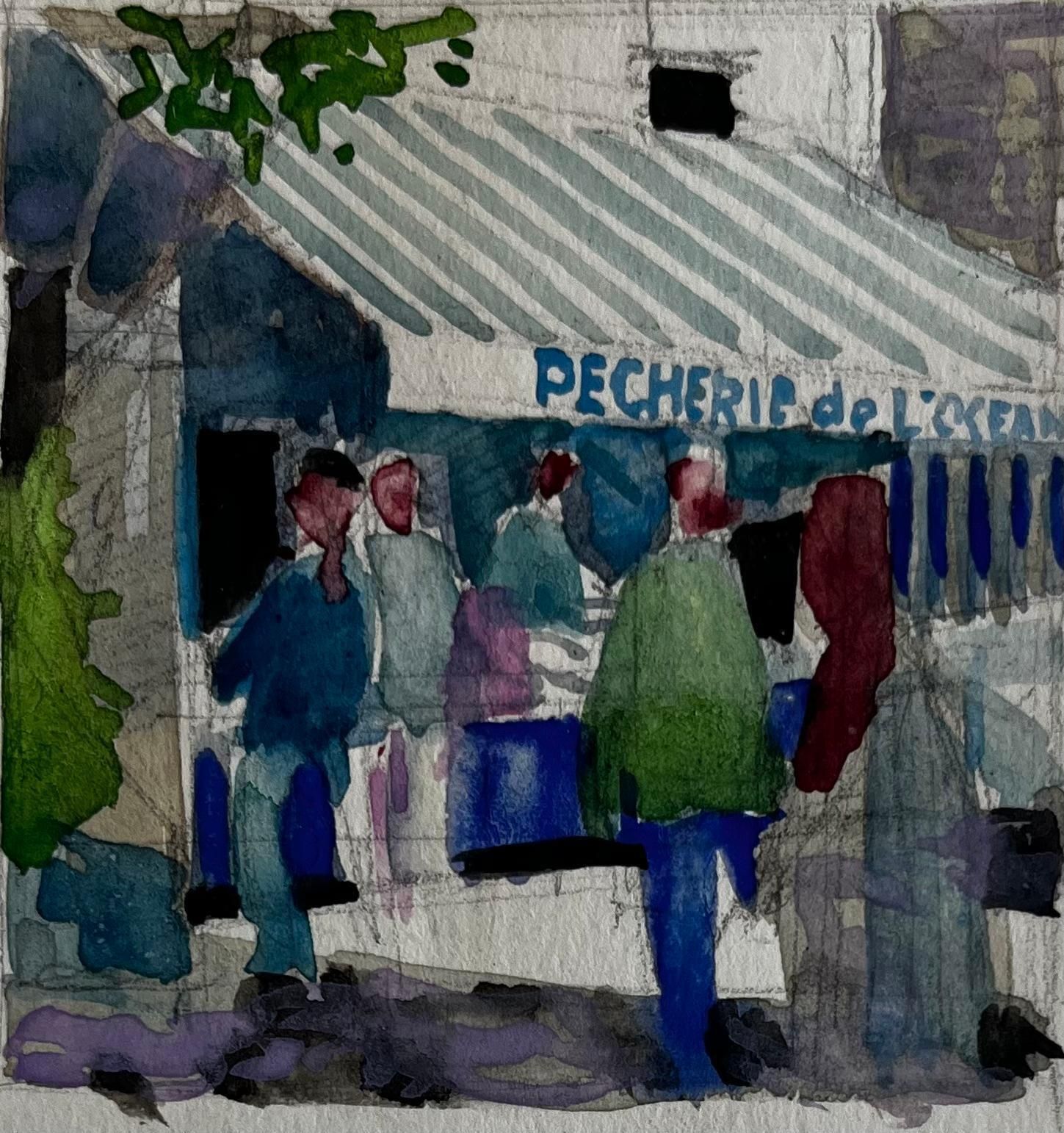 Pierre Neveupecherie De Locean French Market Scene With Figures Watercolor Gouache