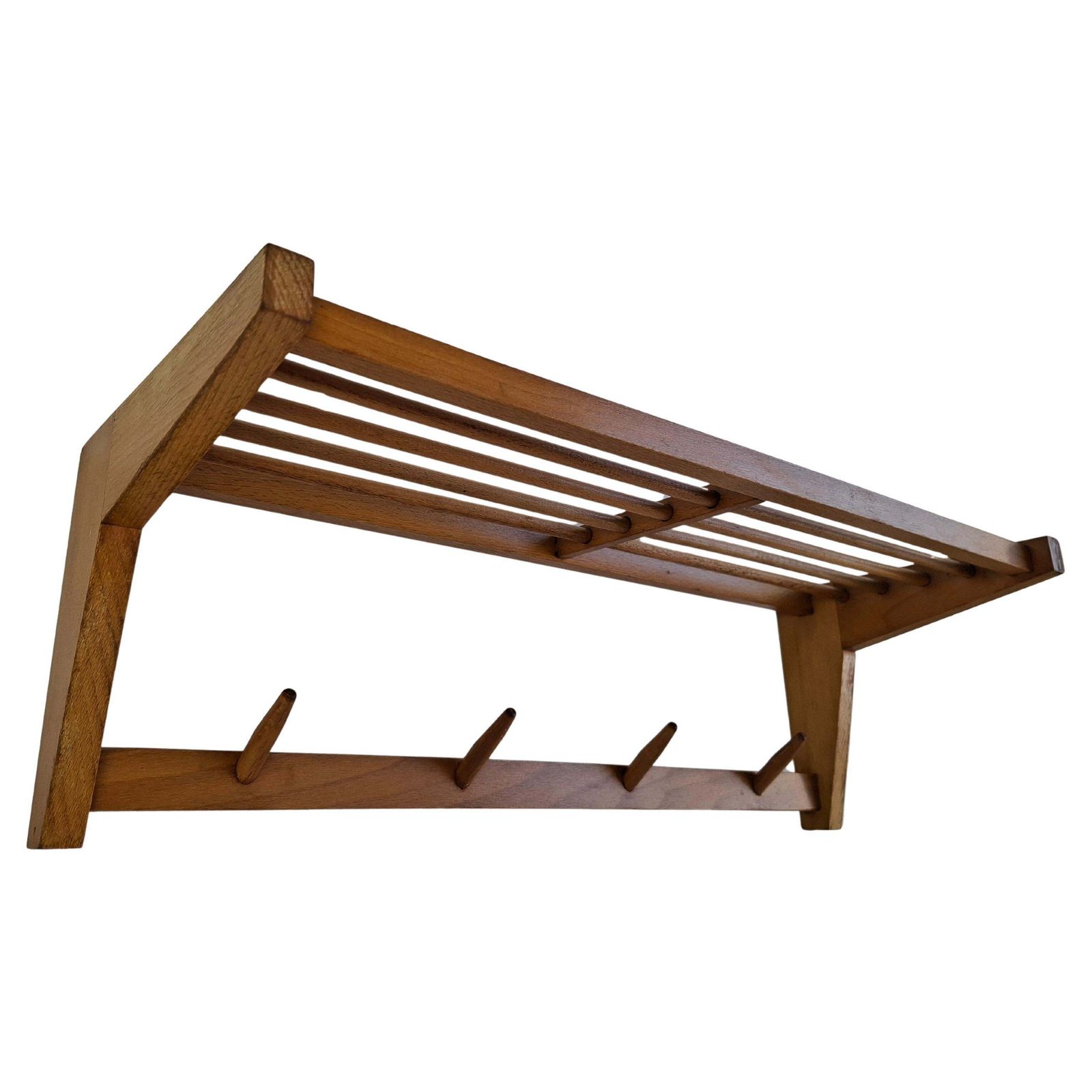Midcentury Czechoslovak Wooden Wall Coat Rack With Shelf, Uluv Krasna Jizba, 70s