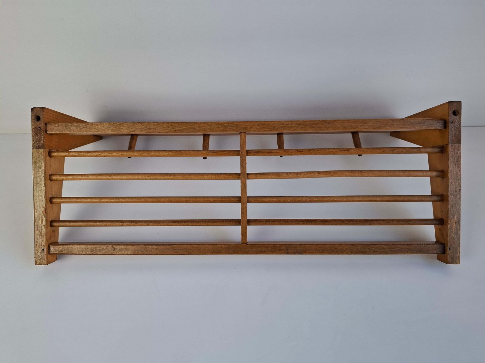 Furniture Midcentury Czechoslovak Wooden Wall Coat Rack With Shelf, Uluv Krasna Jizba, 70s photo