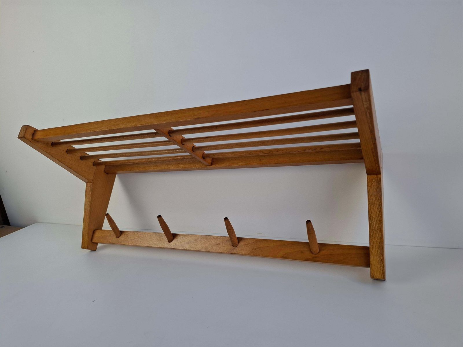 371.0 Midcentury Czechoslovak Wooden Wall Coat Rack With Shelf, Uluv Krasna Jizba, 70s photo
